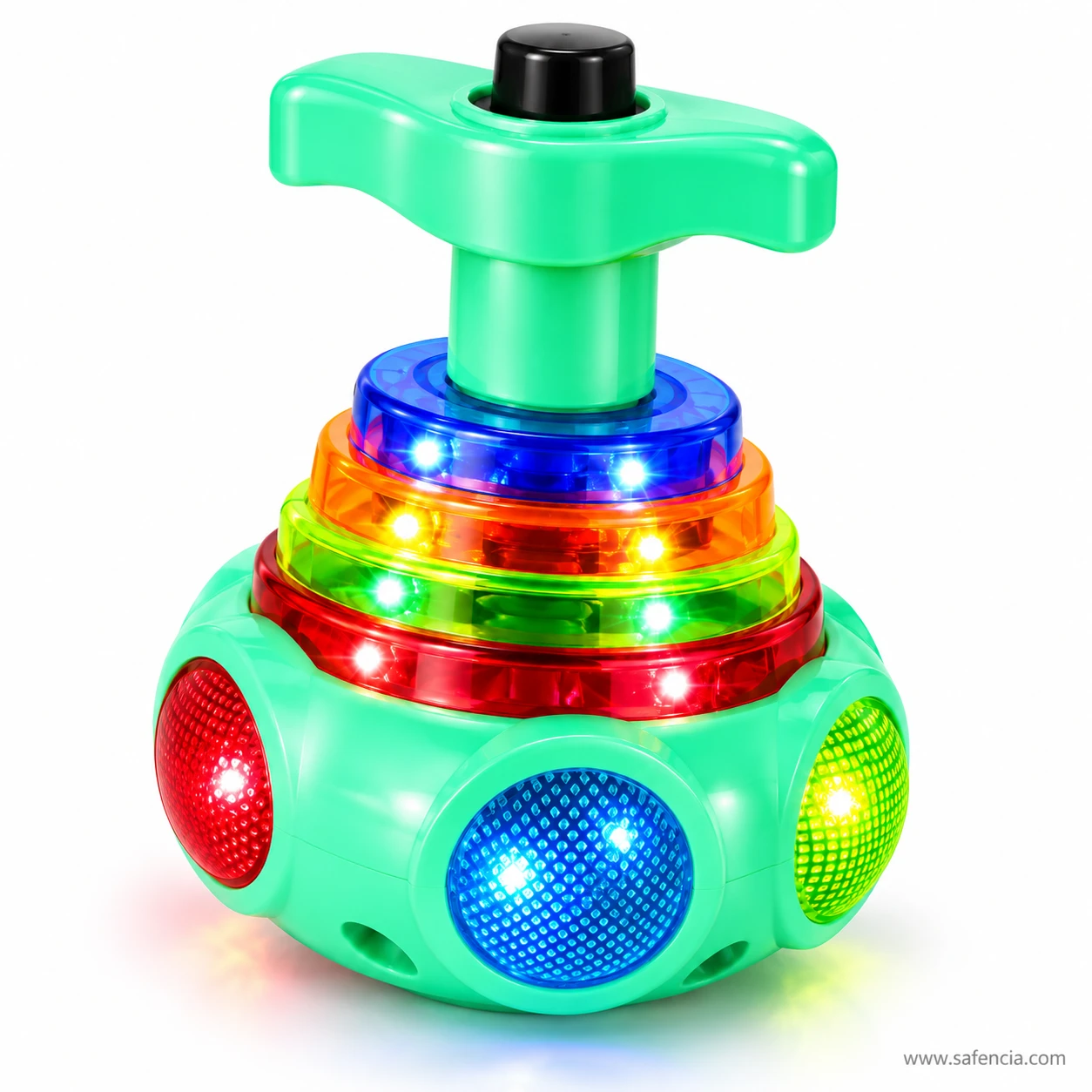 Green LED spinning top lattu turned to show the red and green lenses on the other side of its rounded base