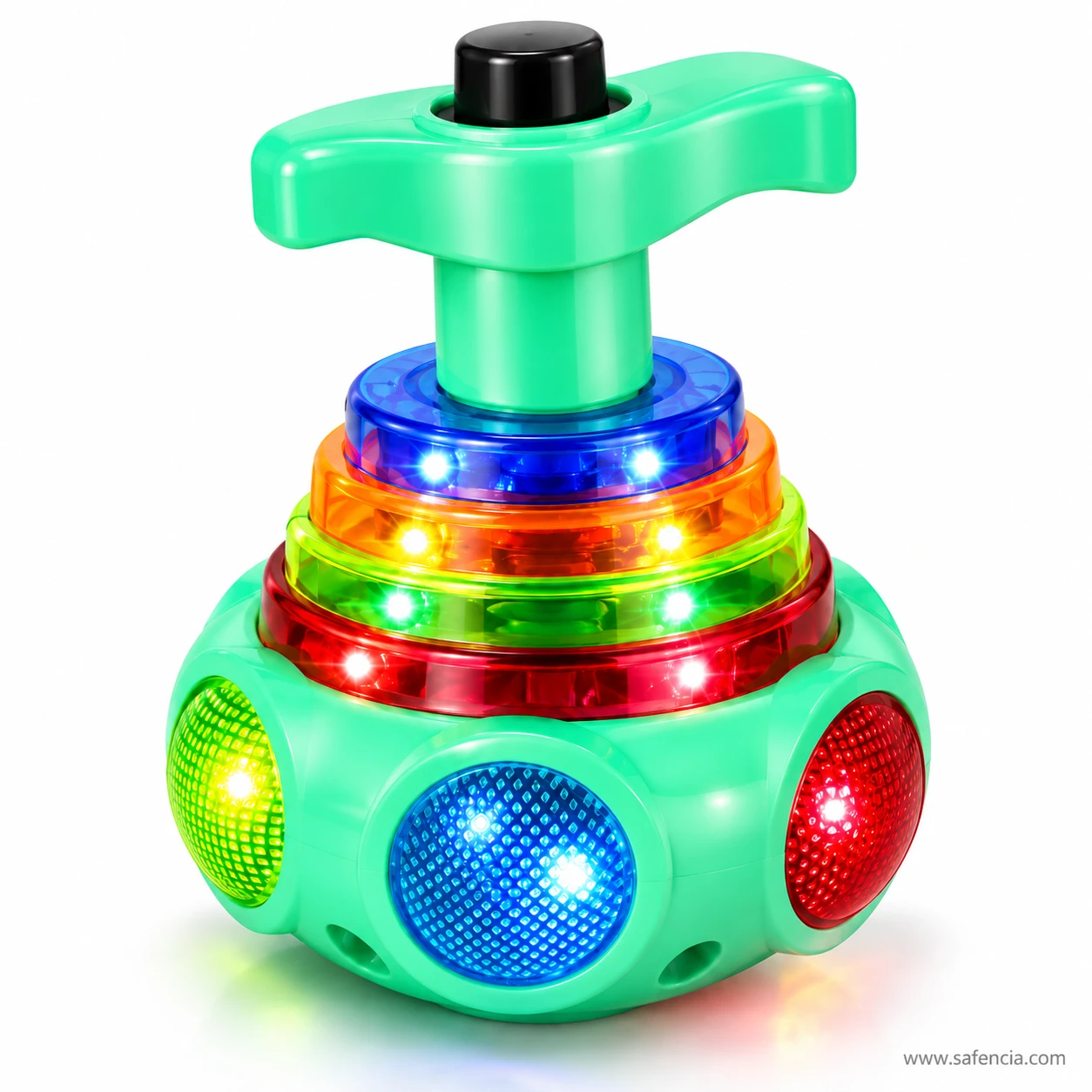 Green LED lattu toy with its round green, blue and red lenses glowing around the base below the light rings