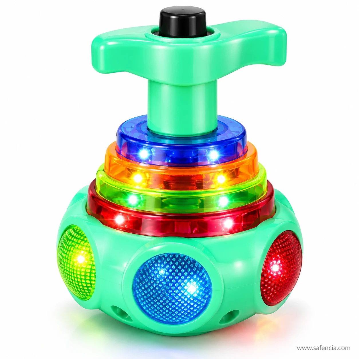 Green LED spinning top with a T-shaped handle, black press button and stacked blue, orange, green and red light rings
