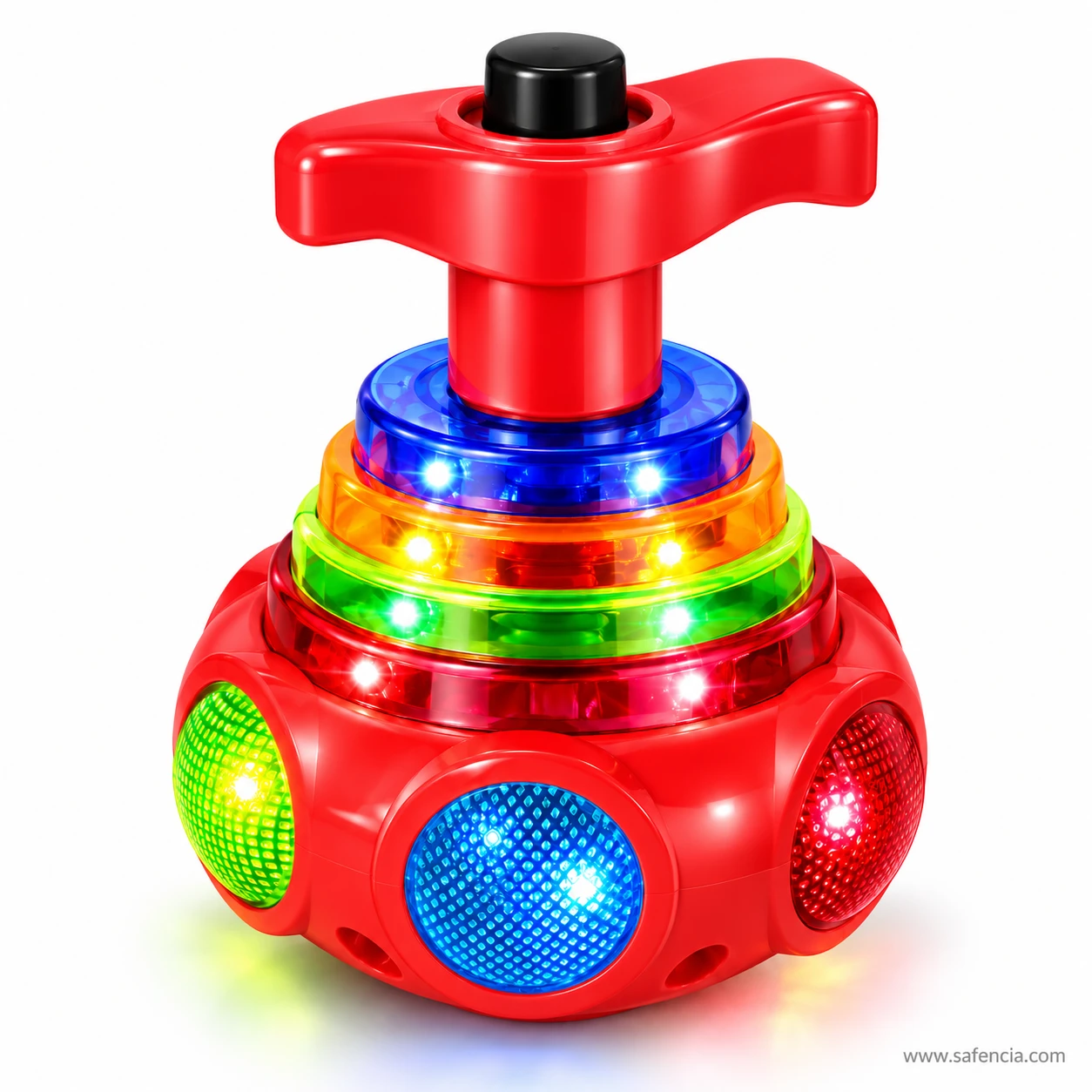 Close view of the red LED lattu showing the stacked blue, orange, green and red light rings below the T-handle