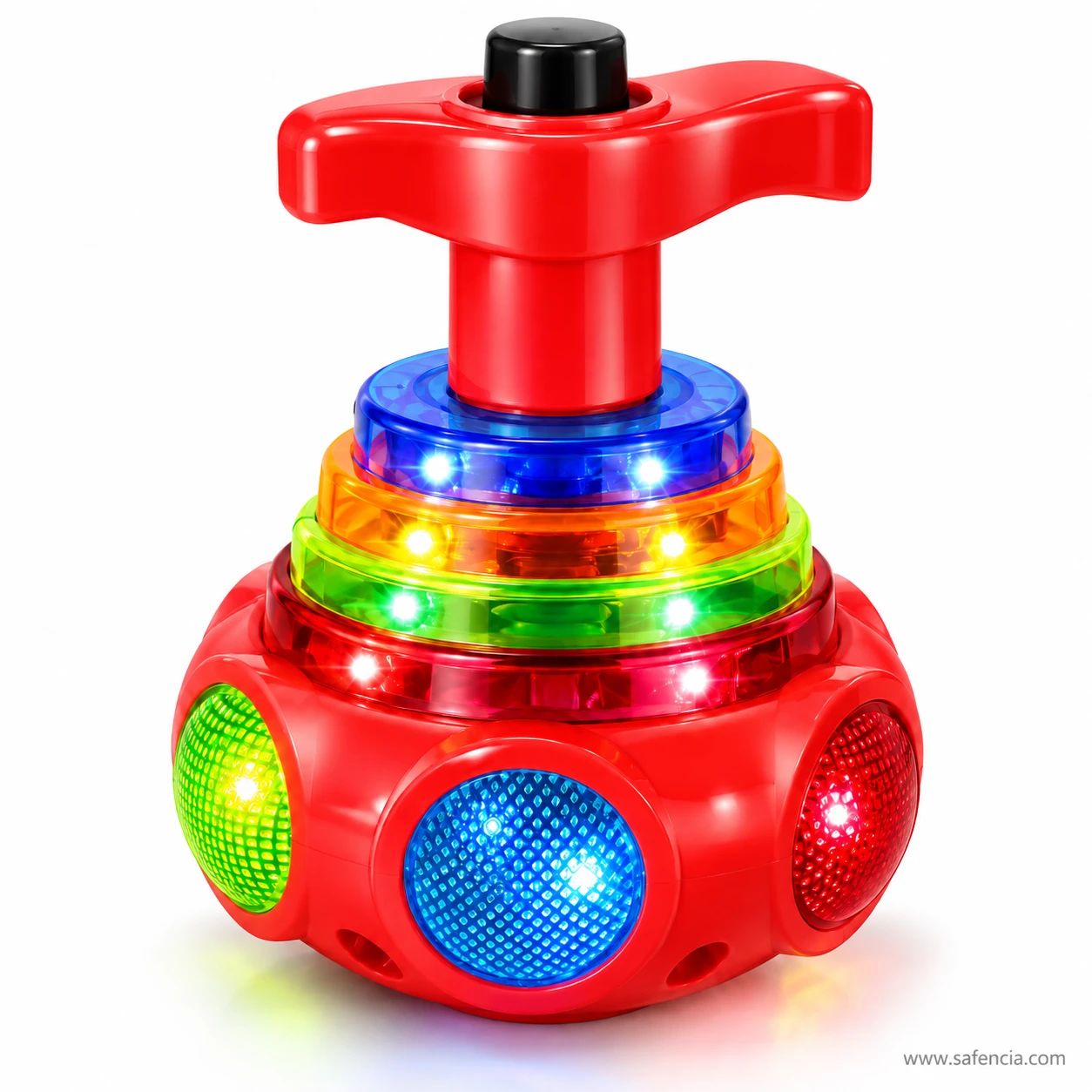 Red LED spinning top lattu with a red T-handle and base, black press button and lit blue, orange and green rings