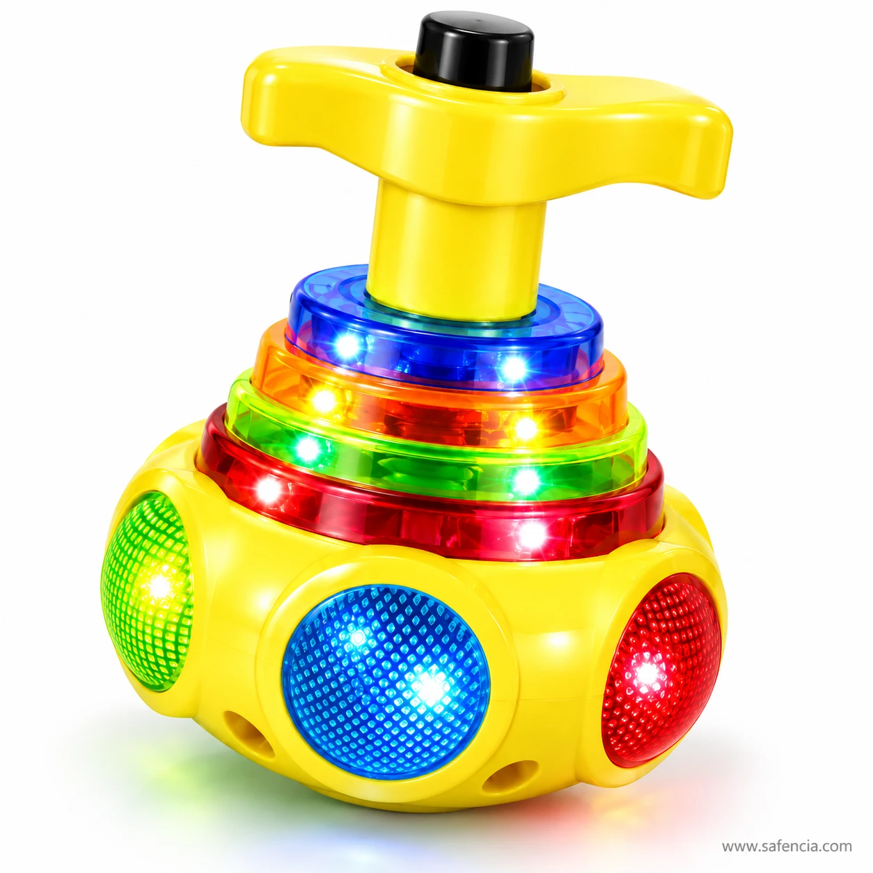 Yellow LED spinning top seen from a low side angle, showing the wide base, glowing lenses and black press button