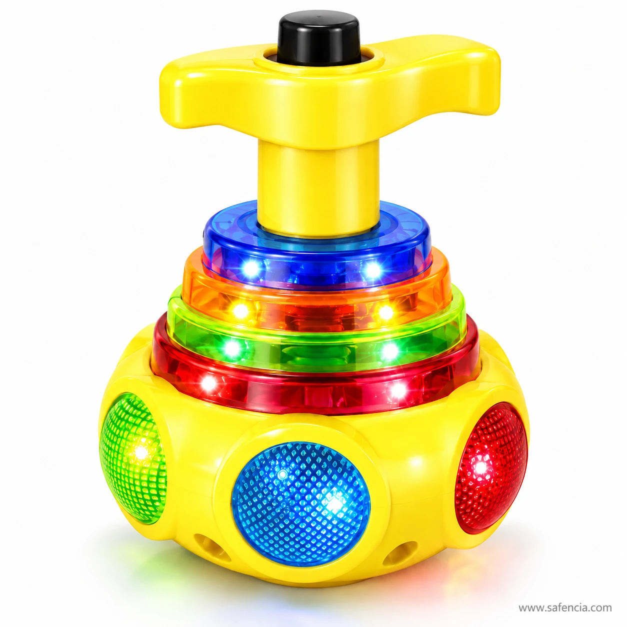 Yellow LED spinning top lattu with a sunny yellow handle and base, glowing light rings and coloured lenses