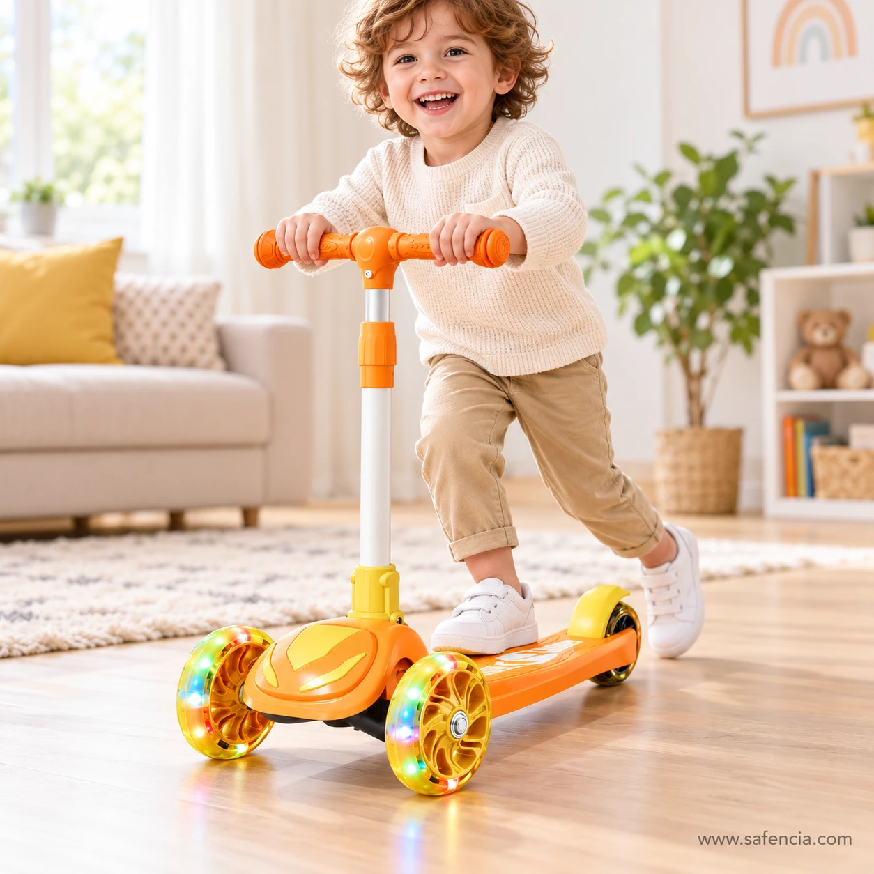 Smiling boy riding the orange light-up kids scooty with its wheels glowing