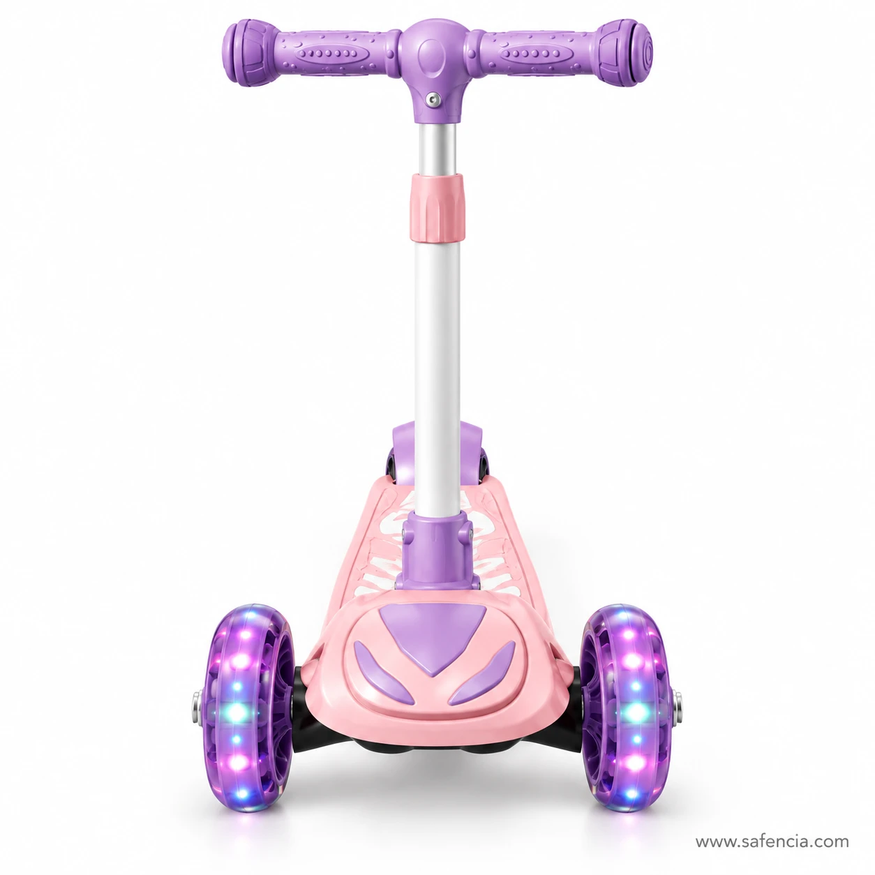 Front view of the pink light-up kids scooty showing both big flashing front wheels