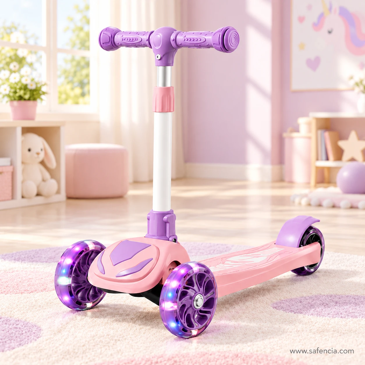 Pink light-up kids scooty standing in a dreamy pastel bedroom with soft toys