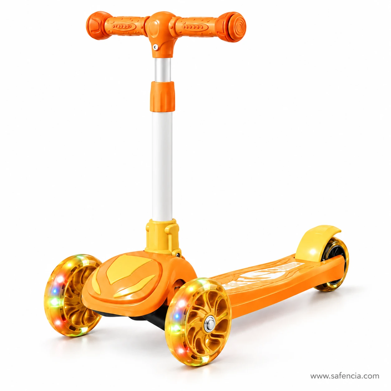Bright orange light-up kids scooty from a front angle with glowing orange wheels