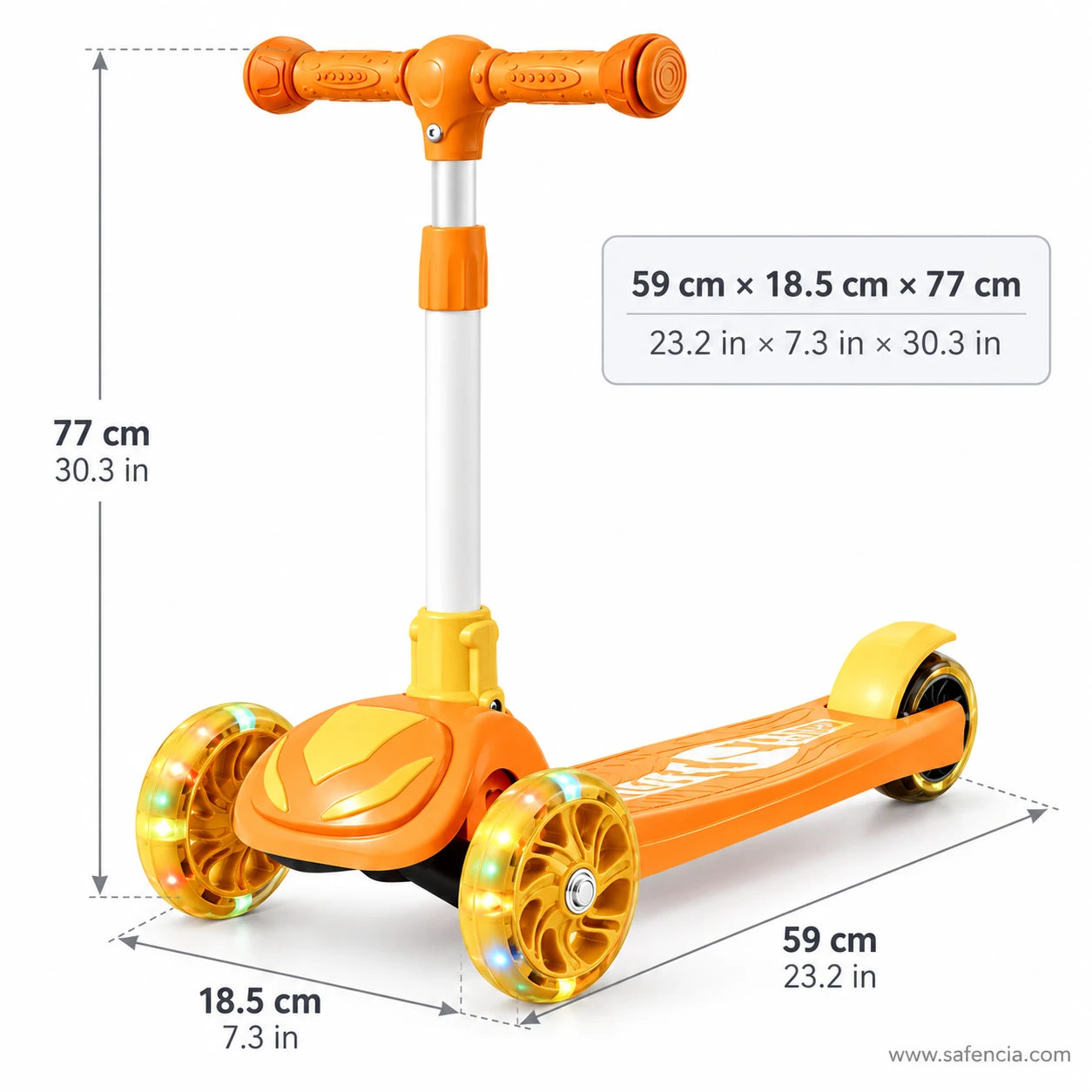 Orange light-up kids scooty size chart: 77 cm height and a 59 by 18.5 cm base