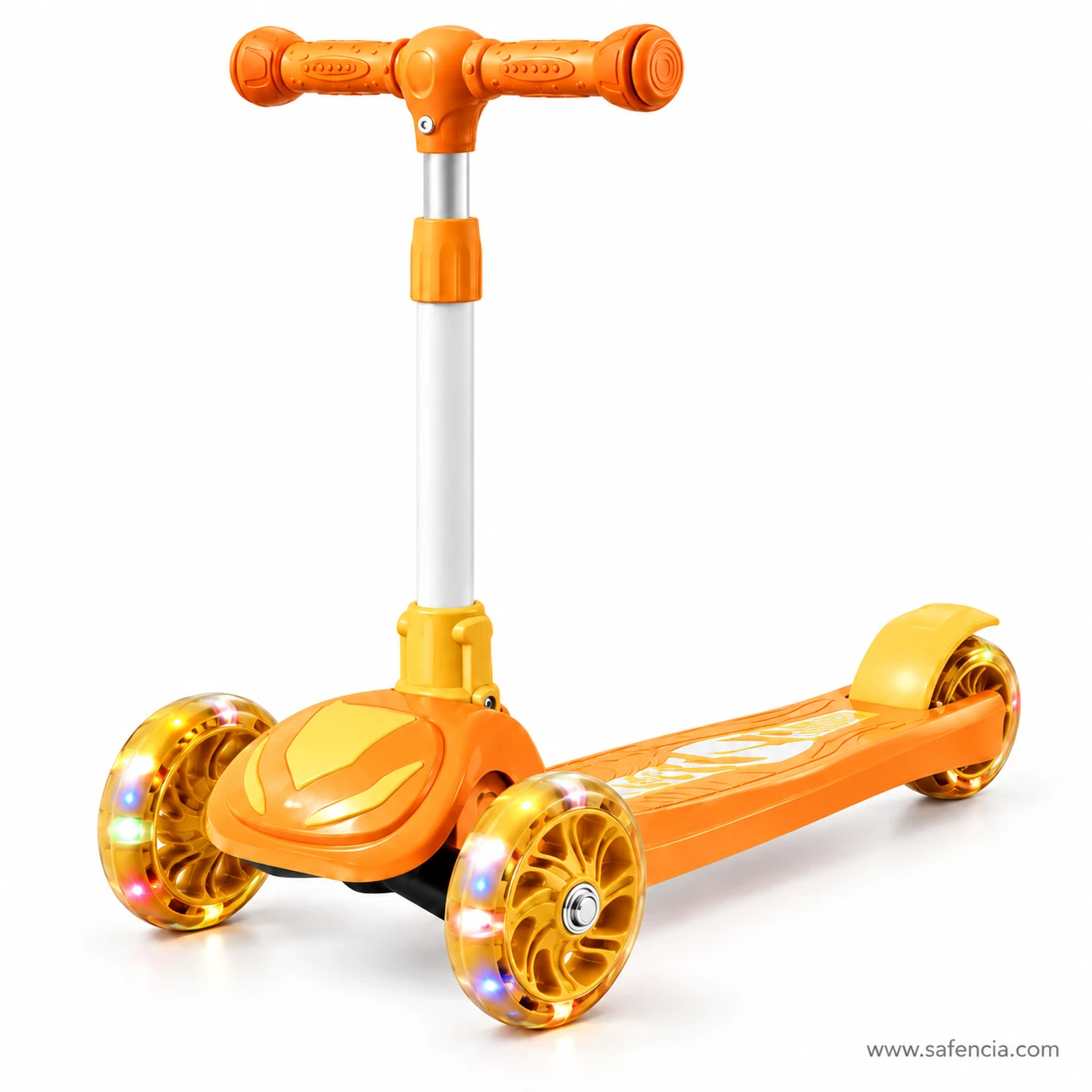 Bright orange light-up kids scooty with glowing orange front wheels
