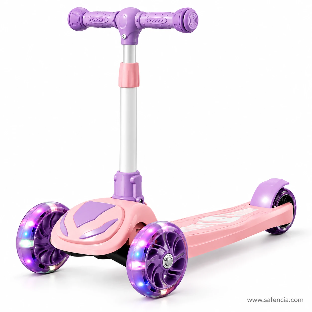 Soft pink and lavender light-up kids scooty seen from the side with purple glowing wheels