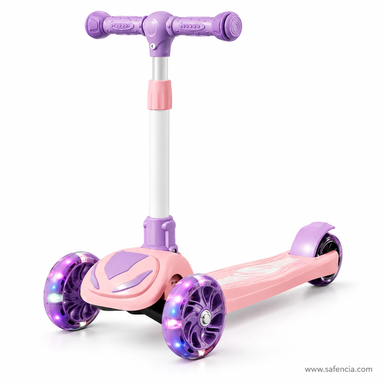 Pink light-up kids scooty at three-quarter angle with the lavender handle and lit wheels