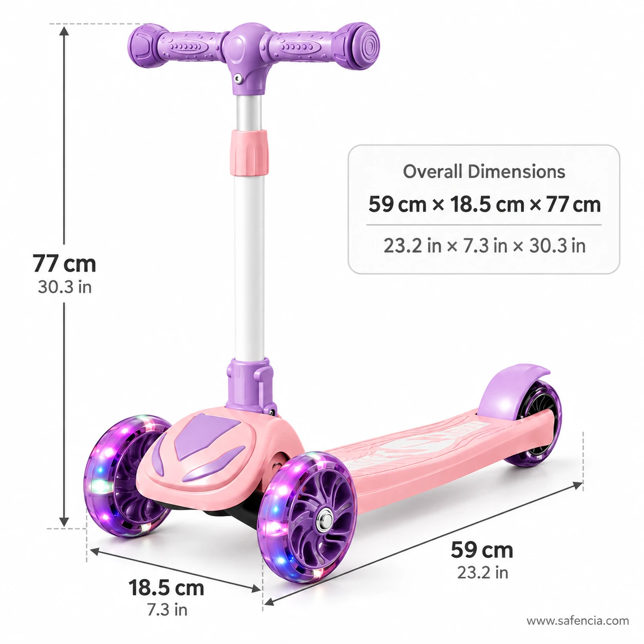 Size chart of the light-up kids scooty: 77 cm height and 59 by 18.5 cm base