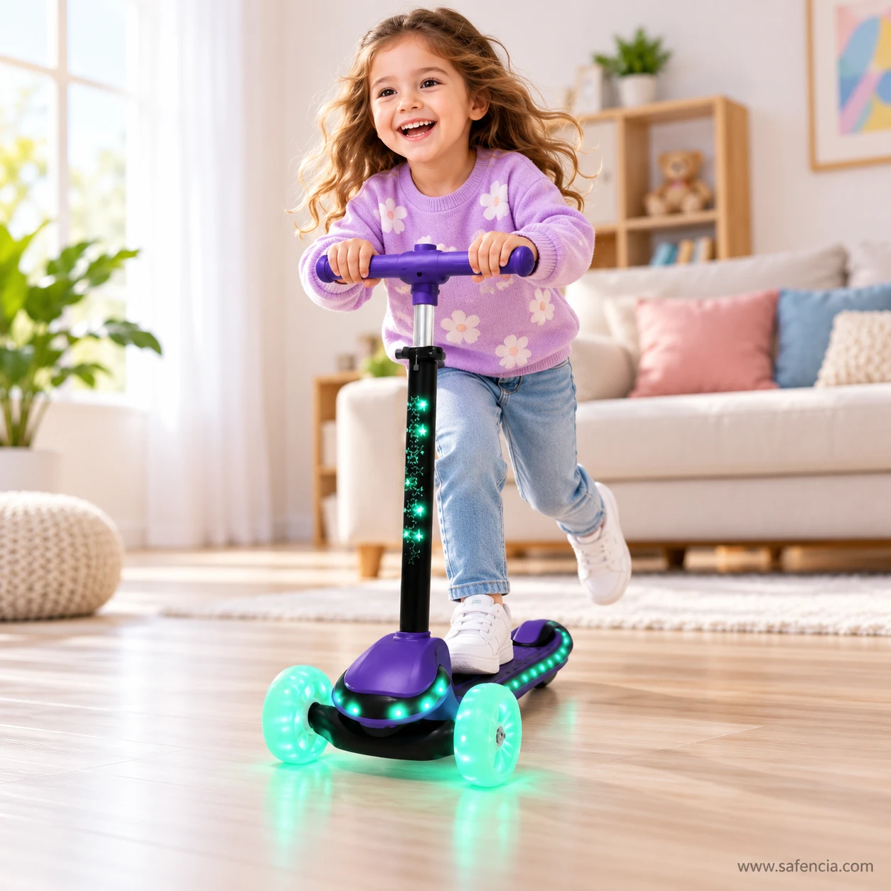 Smiling girl riding the purple light-up stem kids scooty through a living room