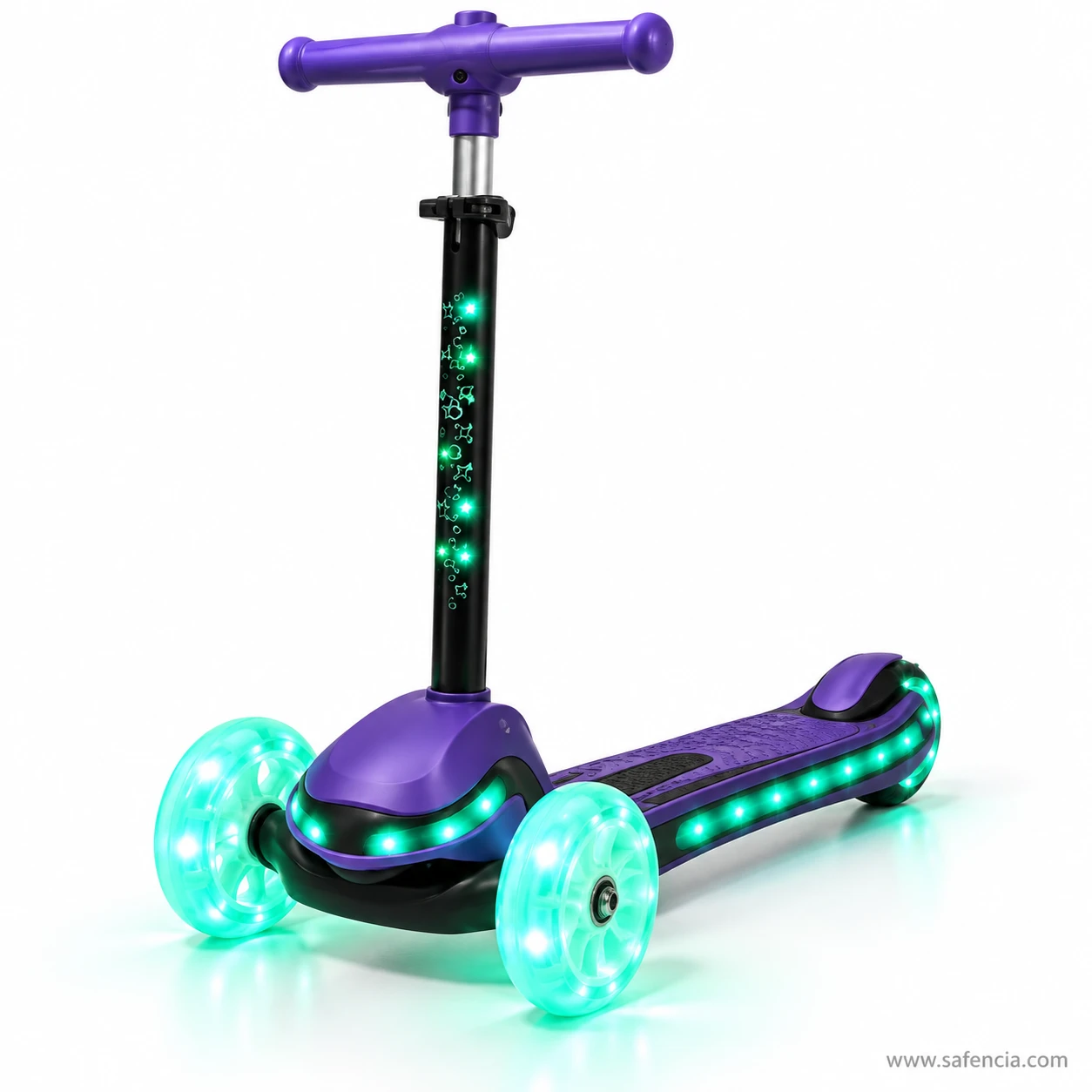 Purple light-up stem kids scooty at an angle showing the row of lights along the long deck