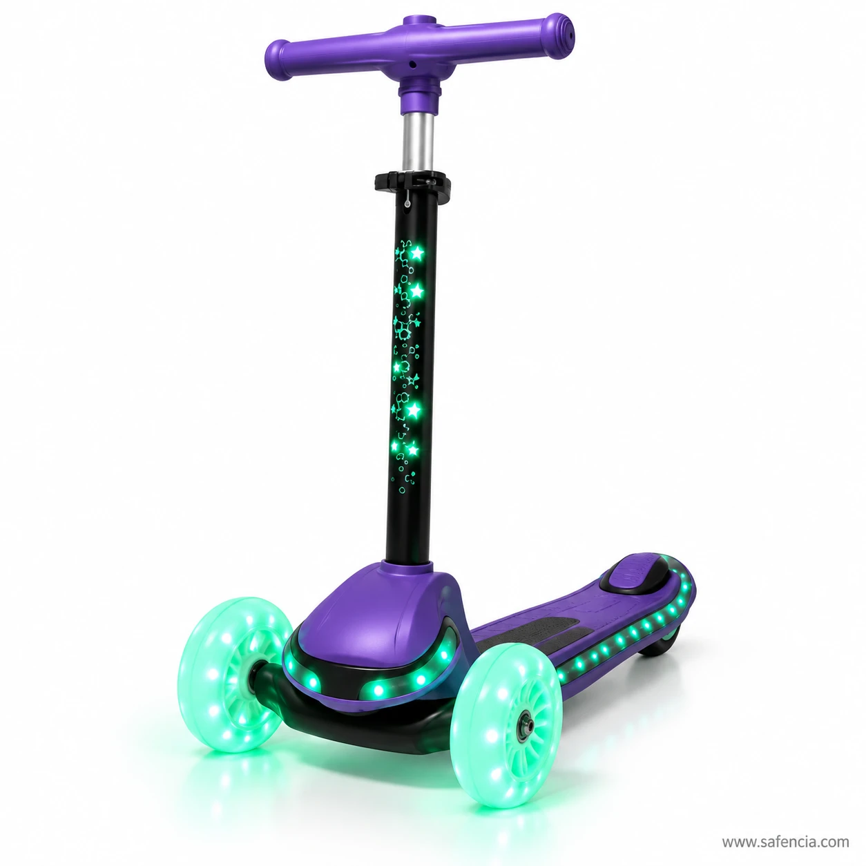 Purple light-up stem kids scooty from the front with glowing stem, mint wheels and front light ring