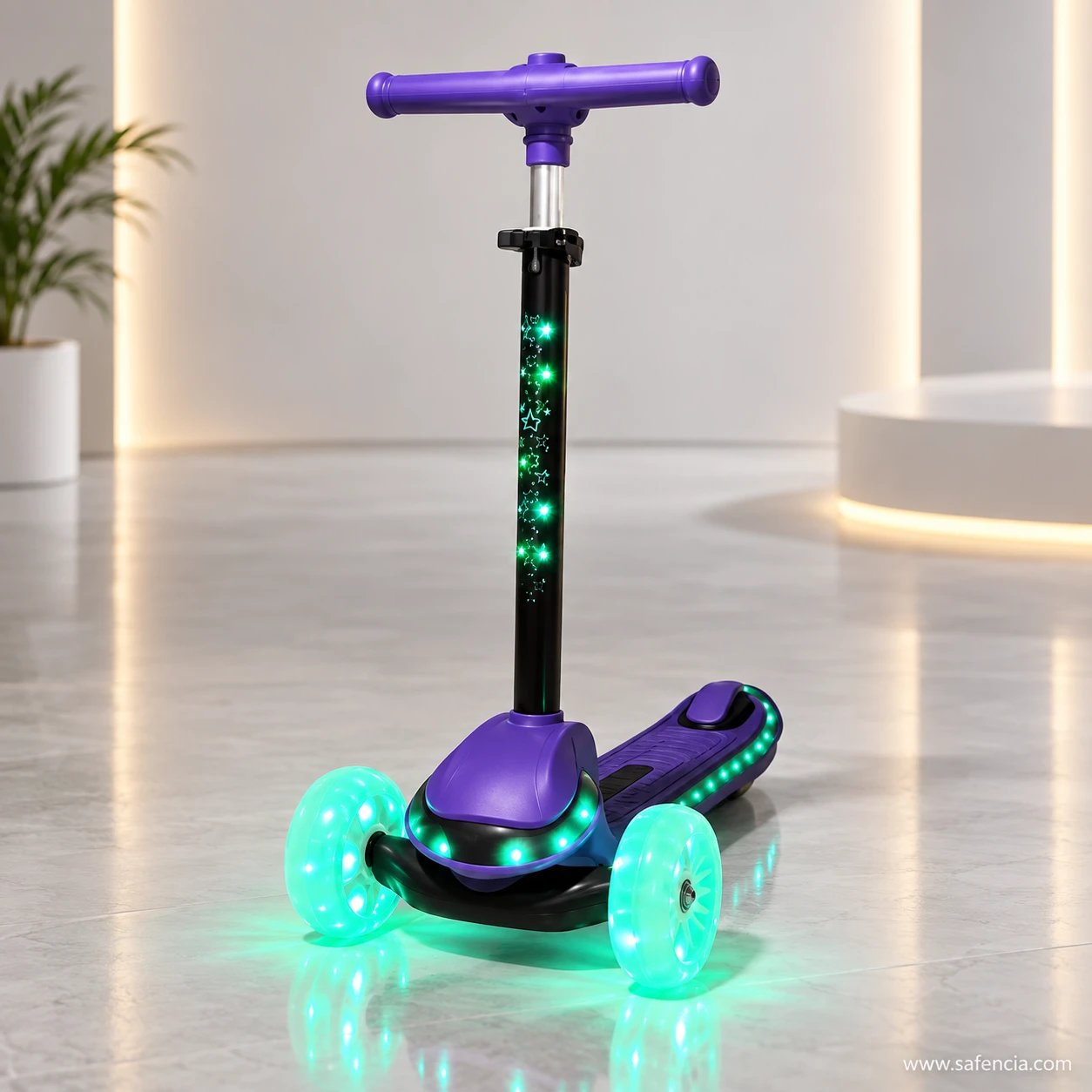 Light-up stem kids scooty glowing in a softly lit hallway with a plant