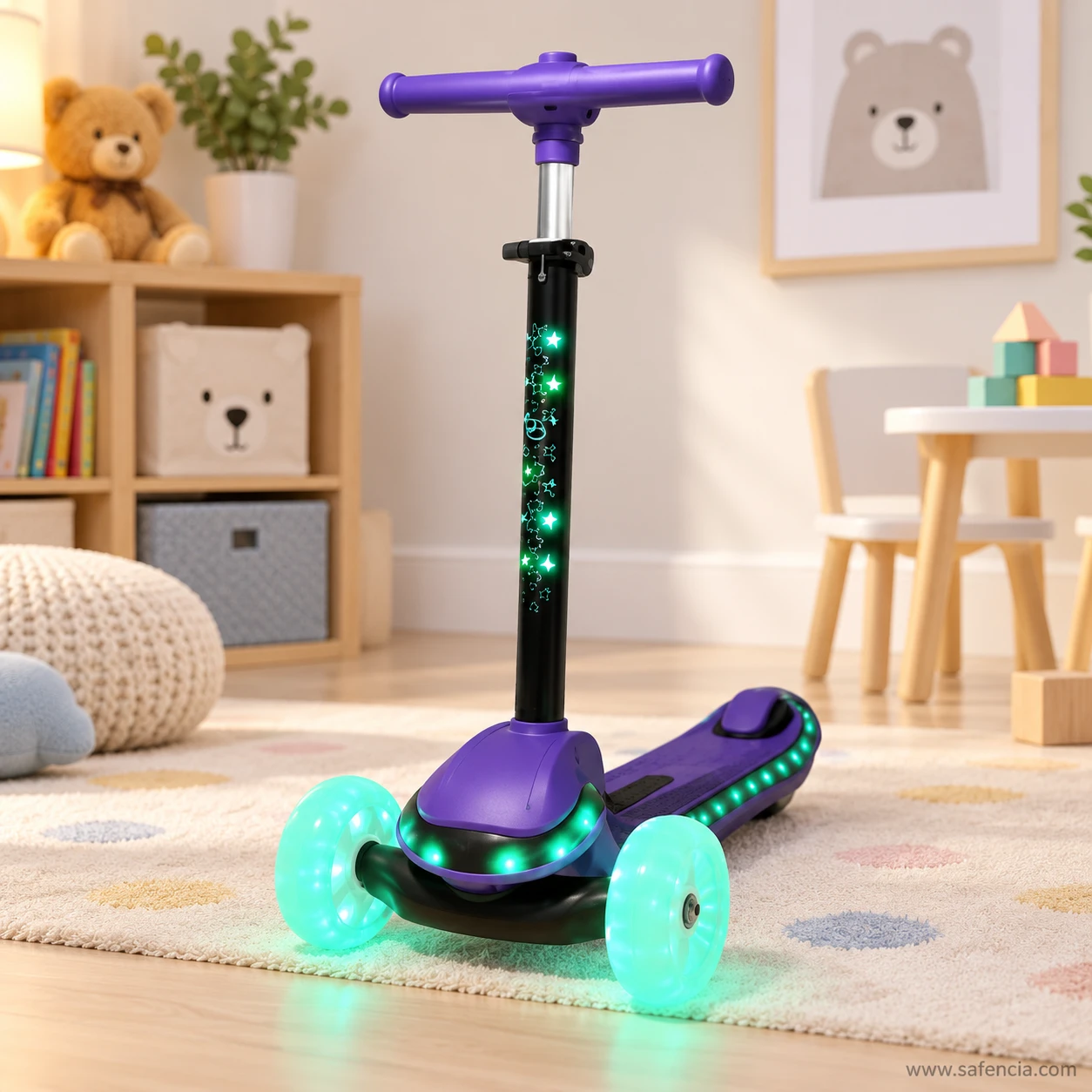 Light-up stem kids scooty standing on a rug in a playroom with wooden shelves