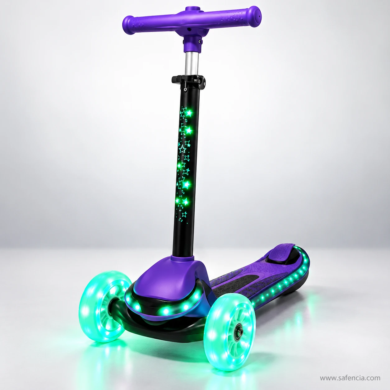Light-up stem kids scooty glowing on a soft grey studio background
