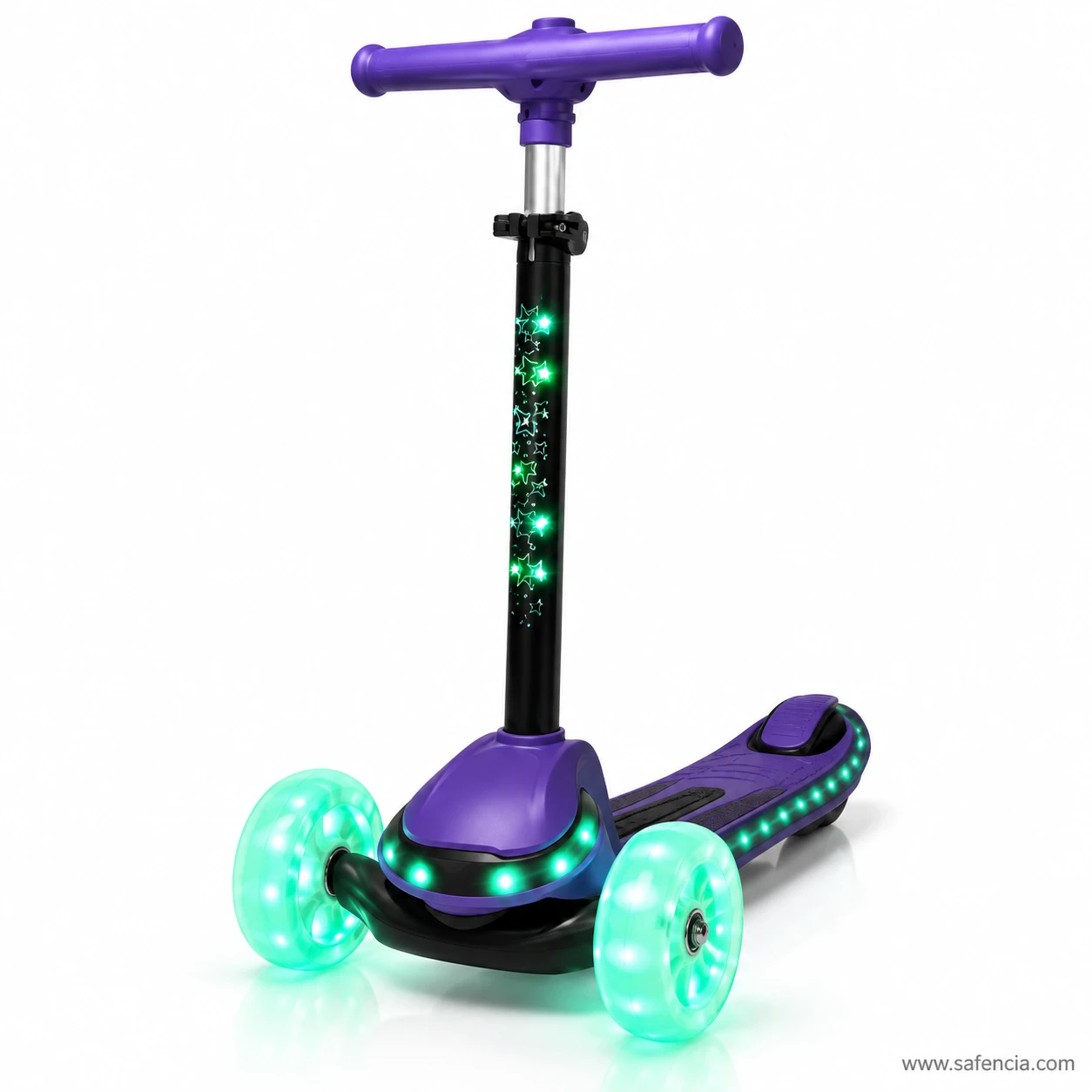 Side view of the light-up stem kids scooty showing the long deck lined with lights