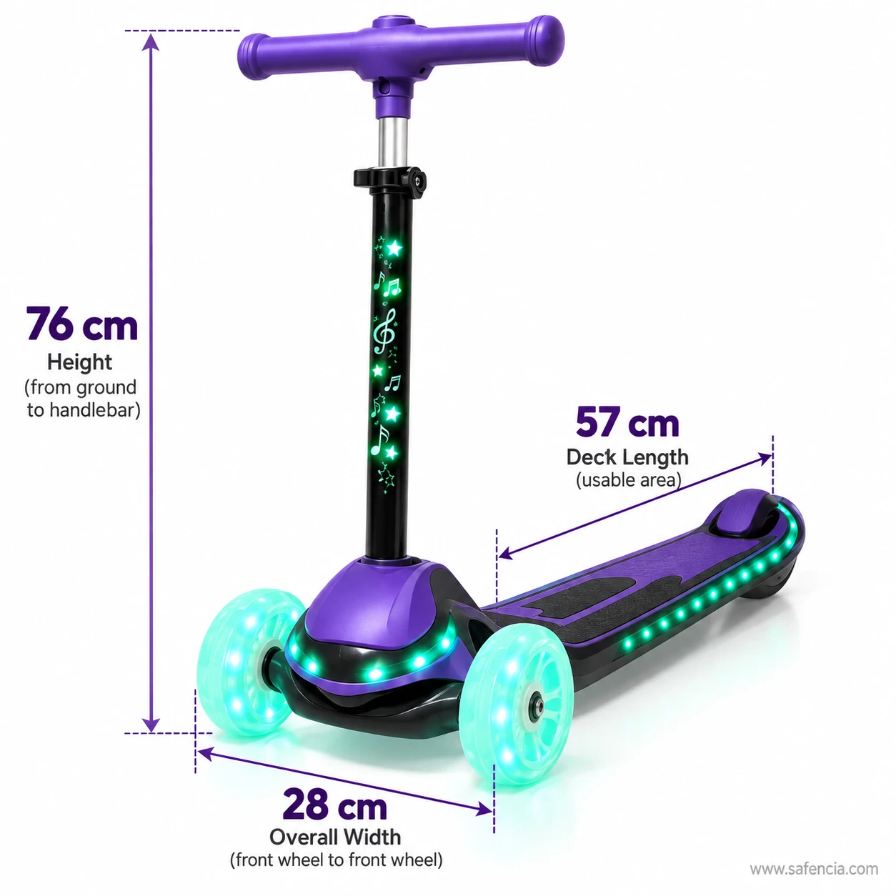 Size chart of the light-up stem kids scooty: 76 cm height, 28 cm width and 57 cm deck length