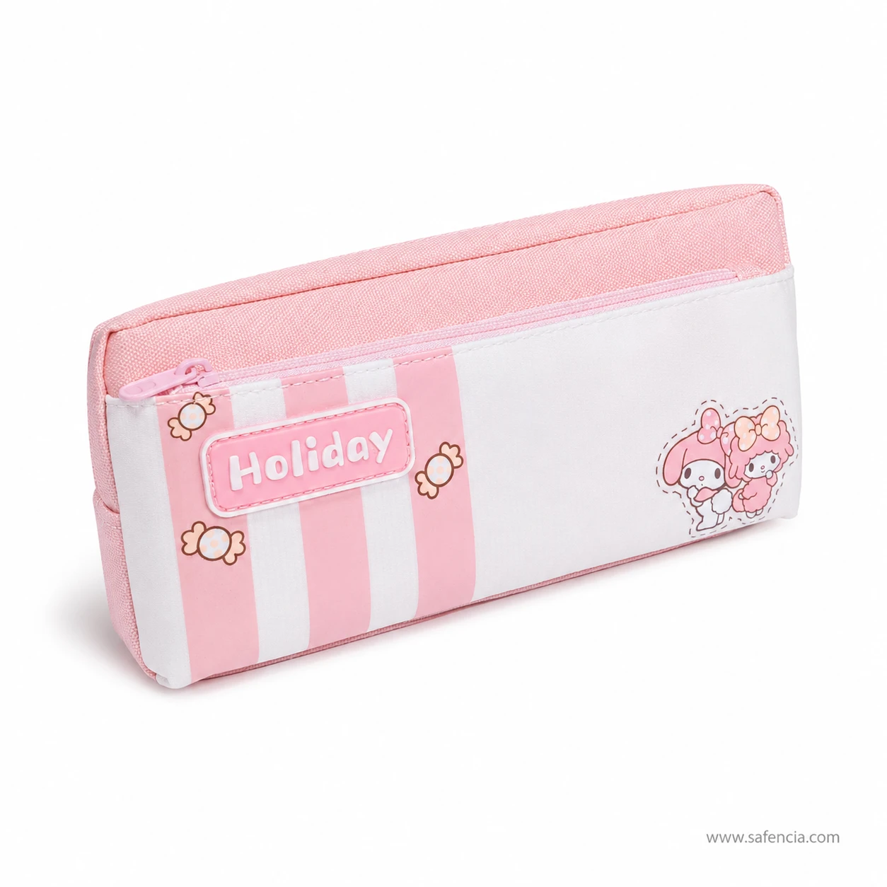 Holiday bunny pencil pouch at an angle showing the pink zip along the top