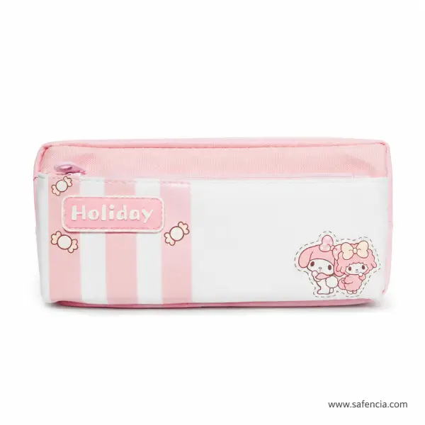 Holiday Stripe Bunny Pencil Pouch Pink and White Large Capacity