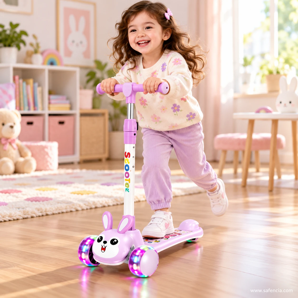 Smiling girl riding the lilac bunny kids scooty across a playroom floor