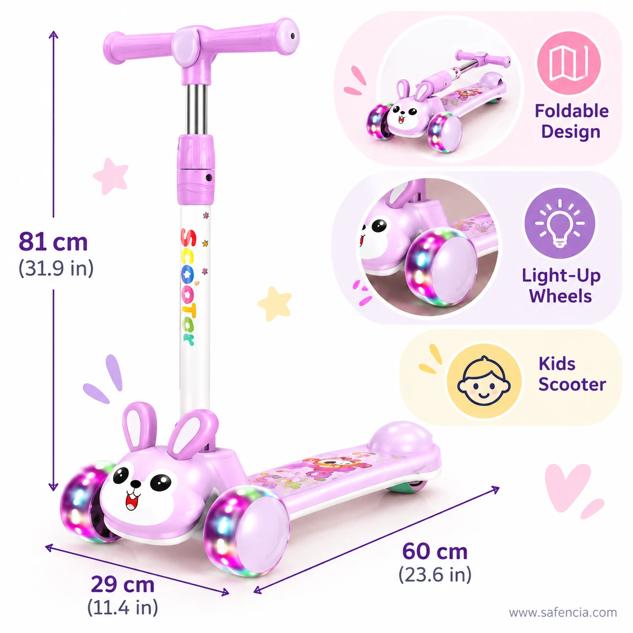 Lilac bunny kids scooty feature panel: foldable design, light-up wheels and kids scooter sizing