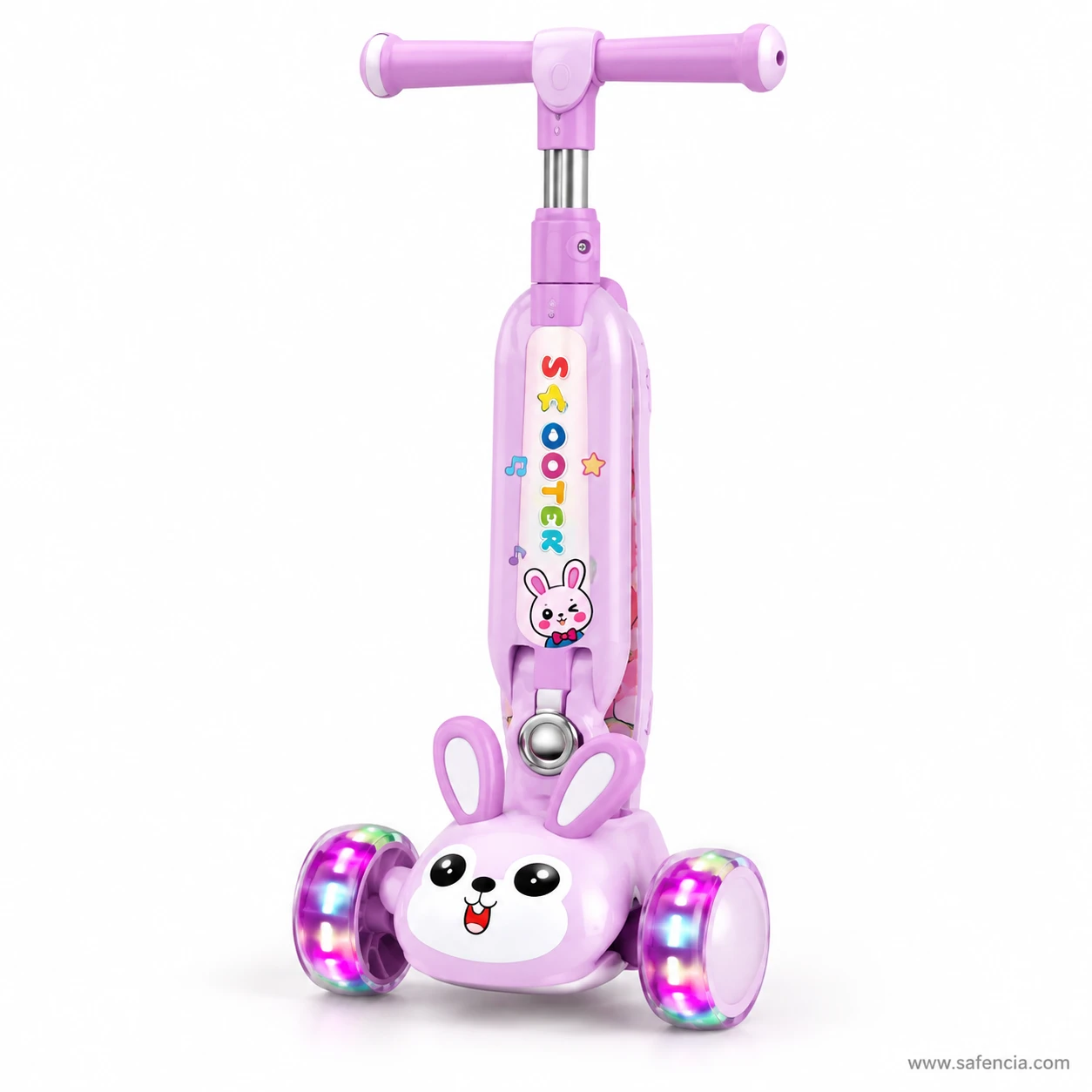 Lilac bunny kids scooty folded with one button and standing on end on its wheels
