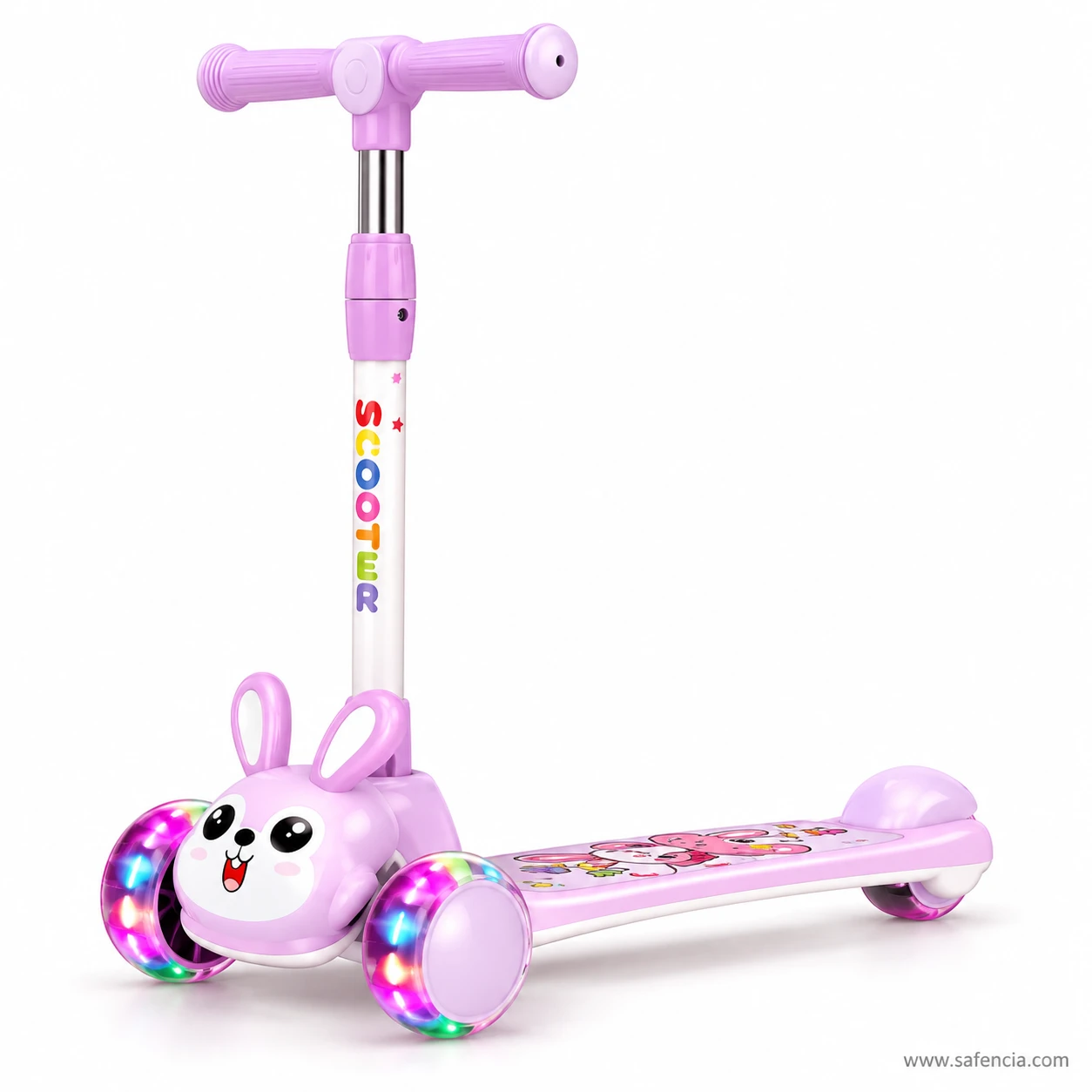 Front angle of the lilac bunny kids scooty with tall ears, rainbow letters and flashing wheels