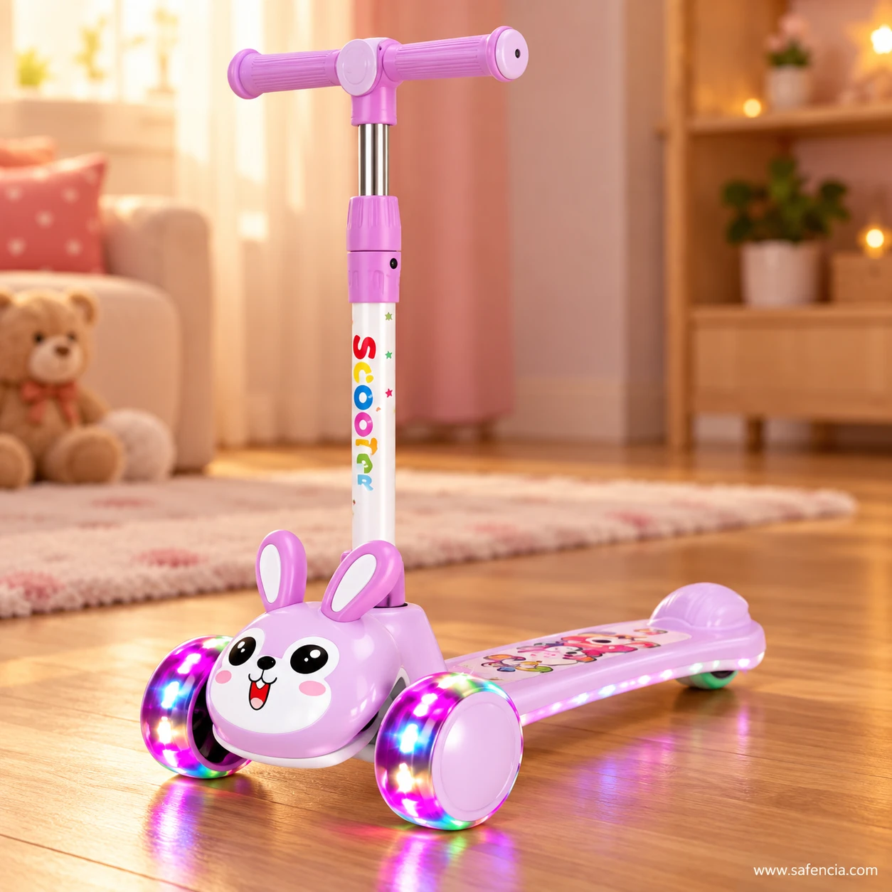 Lilac bunny kids scooty on a wooden floor in a warm living room with a teddy bear