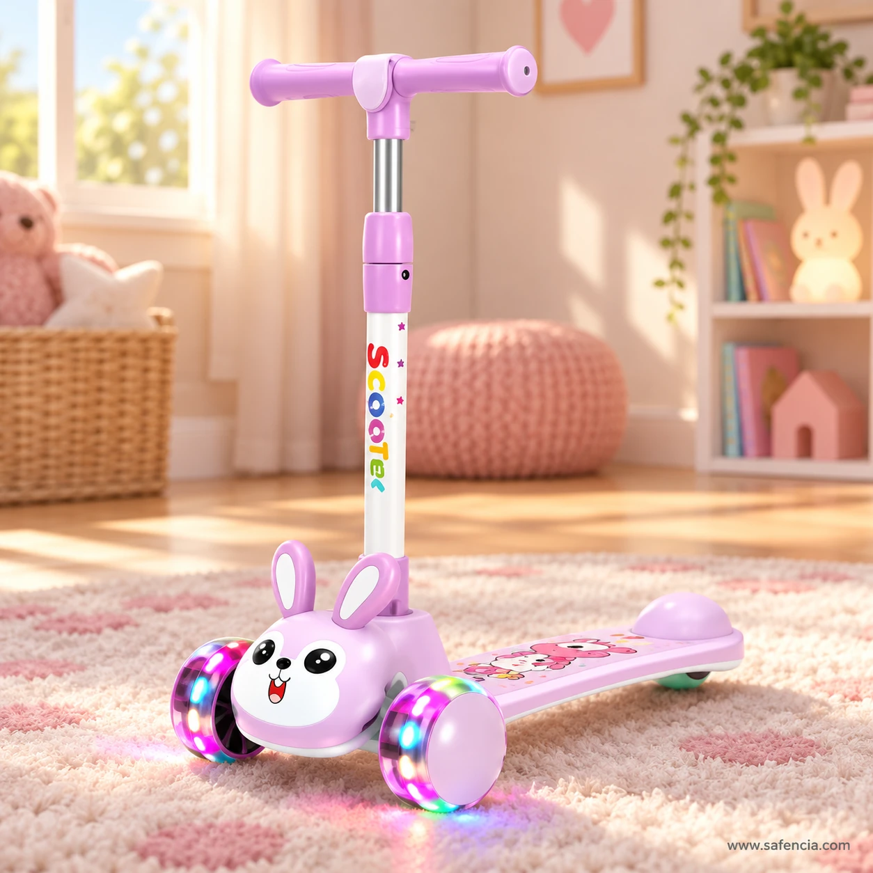 Lilac bunny kids scooty standing on a rug in a pink bedroom with soft toys