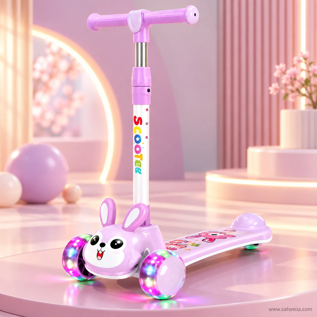 Lilac bunny kids scooty on a round pink platform with glowing wheels and a pink background