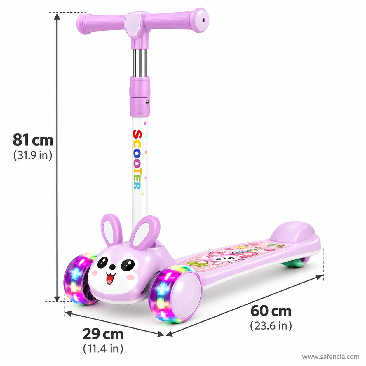 Size chart of the lilac bunny kids scooty showing 81 cm height, 29 cm width and 60 cm length