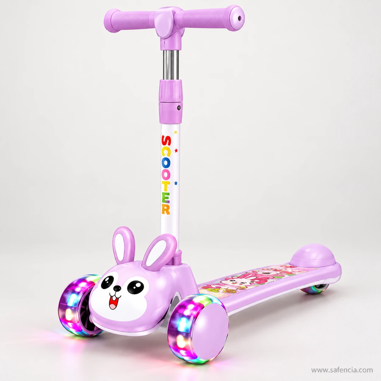 Lilac bunny kids scooty on a grey studio background showing the printed deck and lit wheels