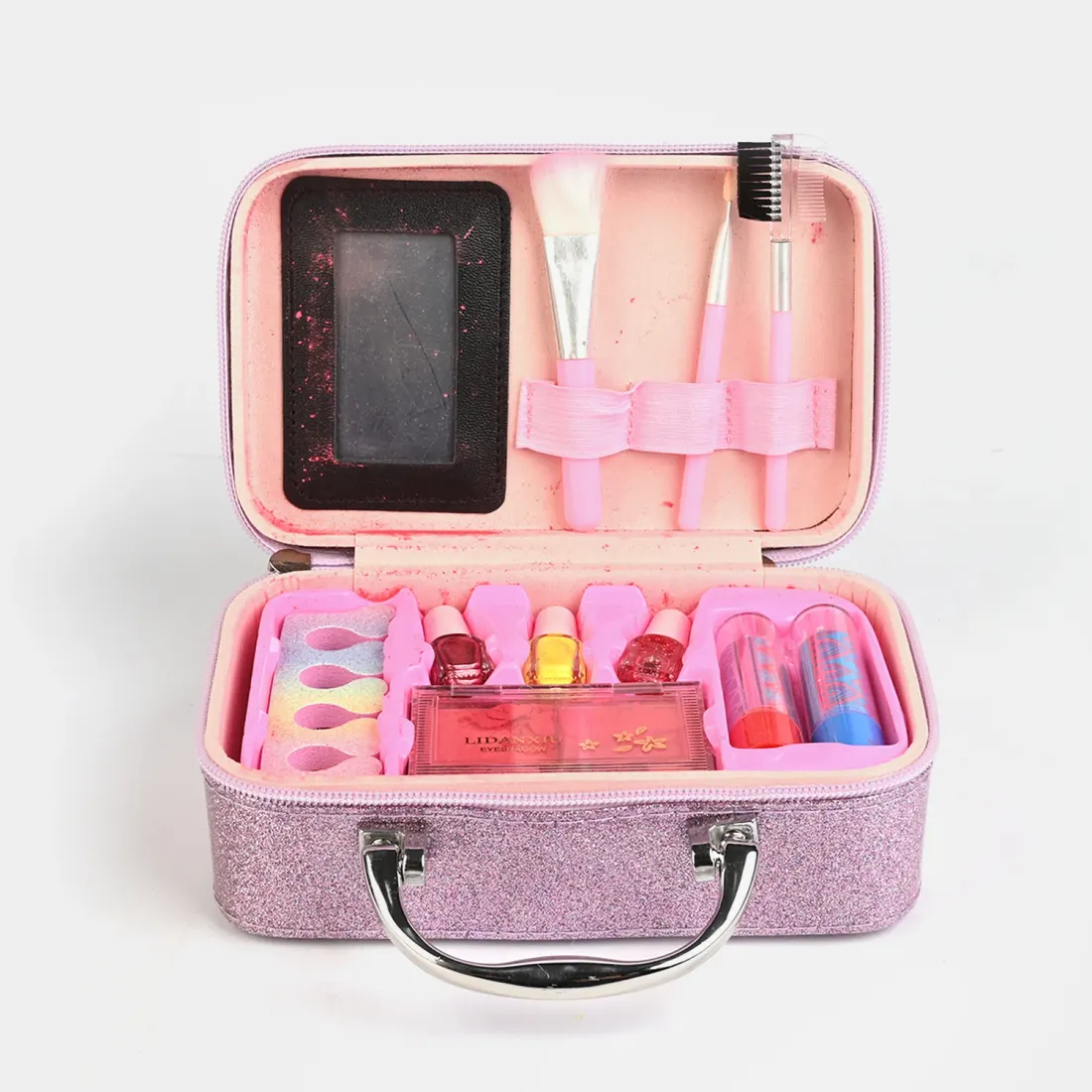 Lilac Glitter Makeup Briefcase detail view - shaped eyeshadows