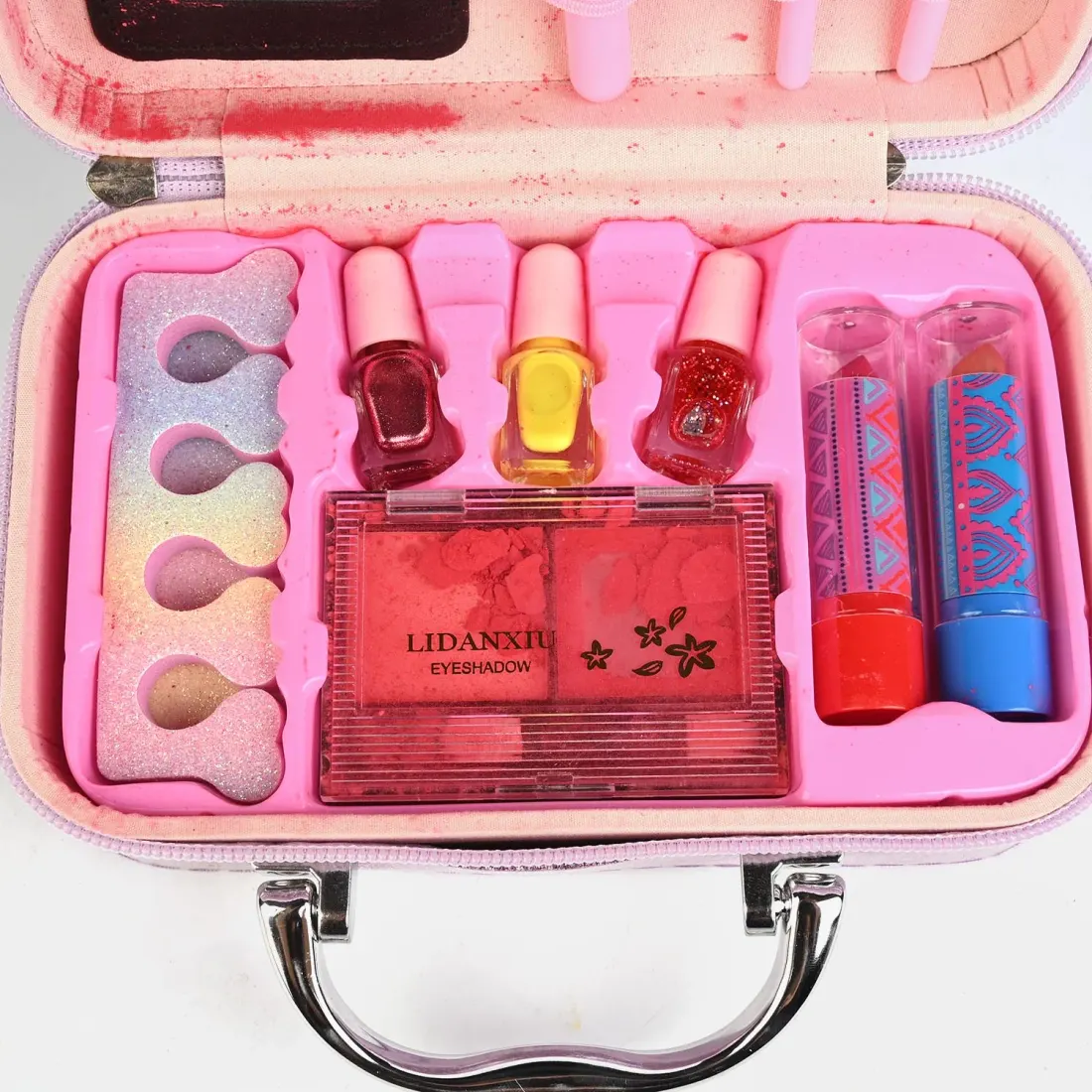 Lilac Glitter Makeup Briefcase open view - eyeshadows, blush, lip colours, nail polish and brushes