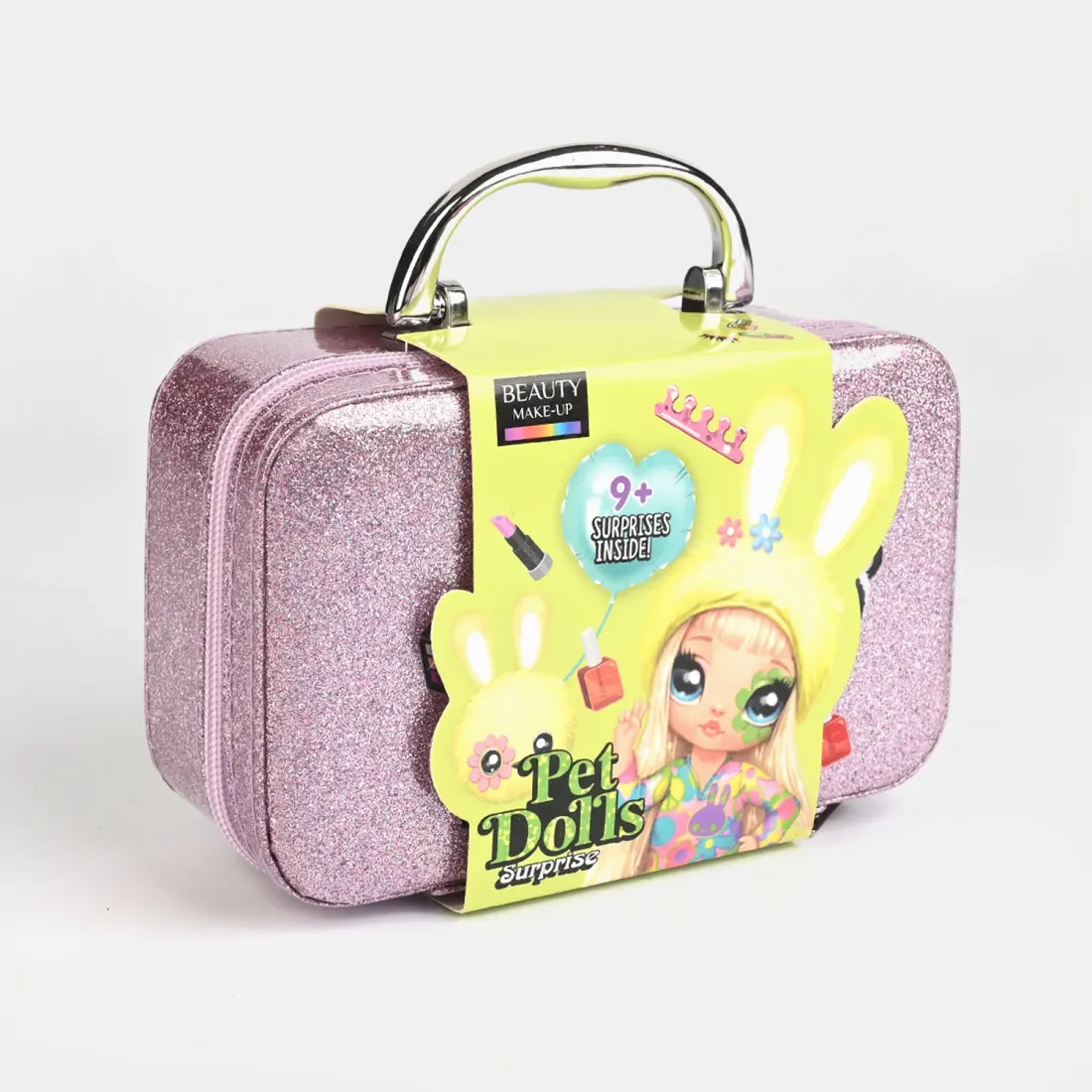 Lilac Glitter Makeup Briefcase side view - carry handle case