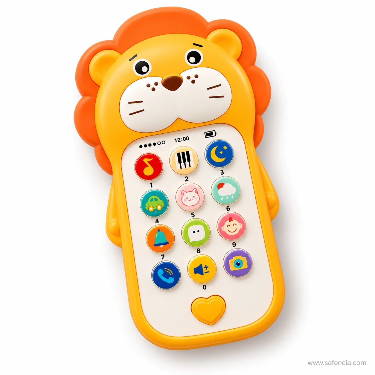 Angled view of the orange lion musical baby phone showing its mane and picture buttons