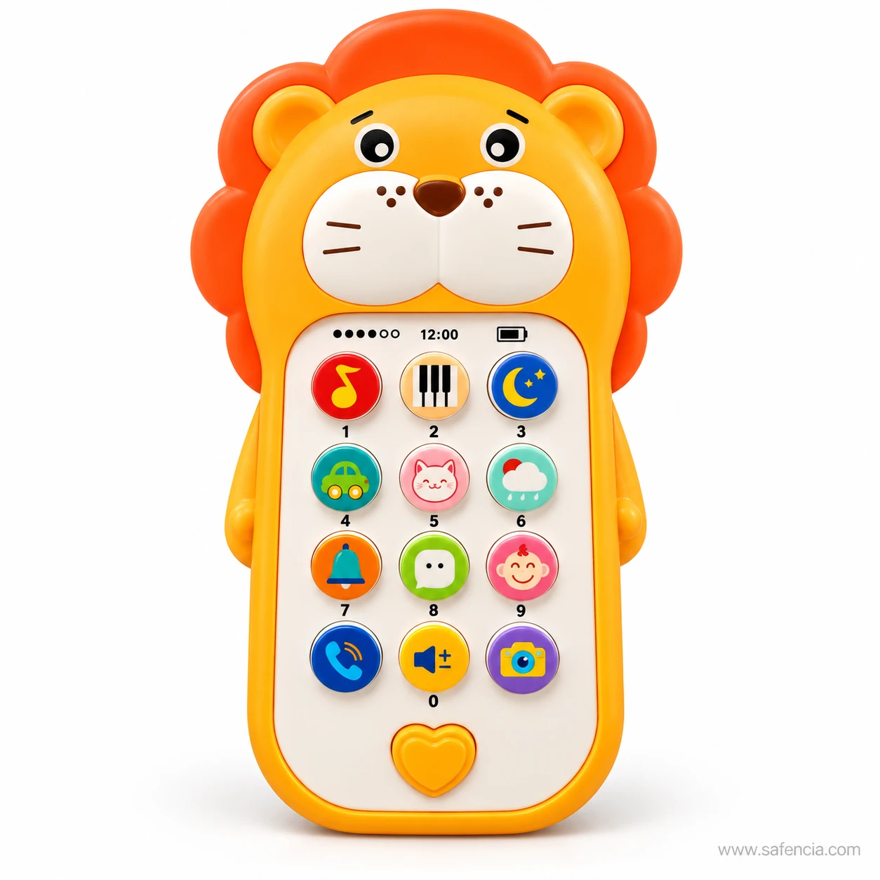 Front view of the lion baby phone keypad with music, piano, moon, car and cat buttons