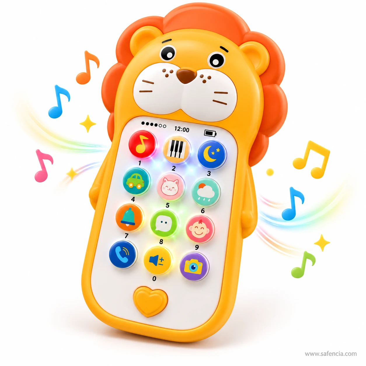 Lion baby phone toy tilted with music notes around it as the buttons light up