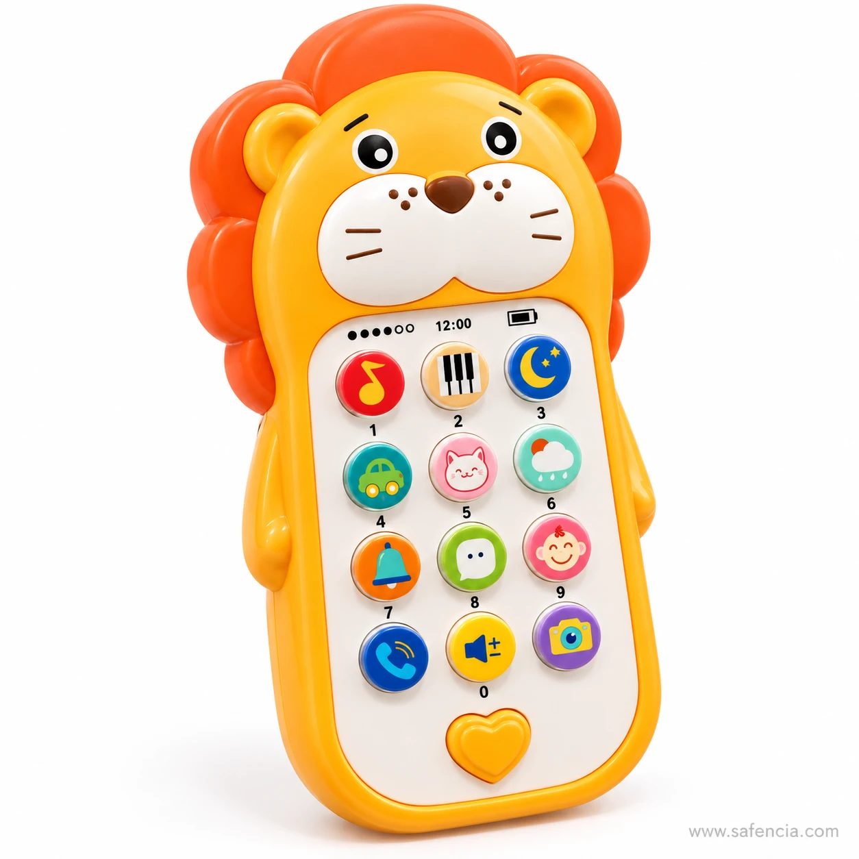 Lion musical baby phone toy standing upright with its smiling face and heart button