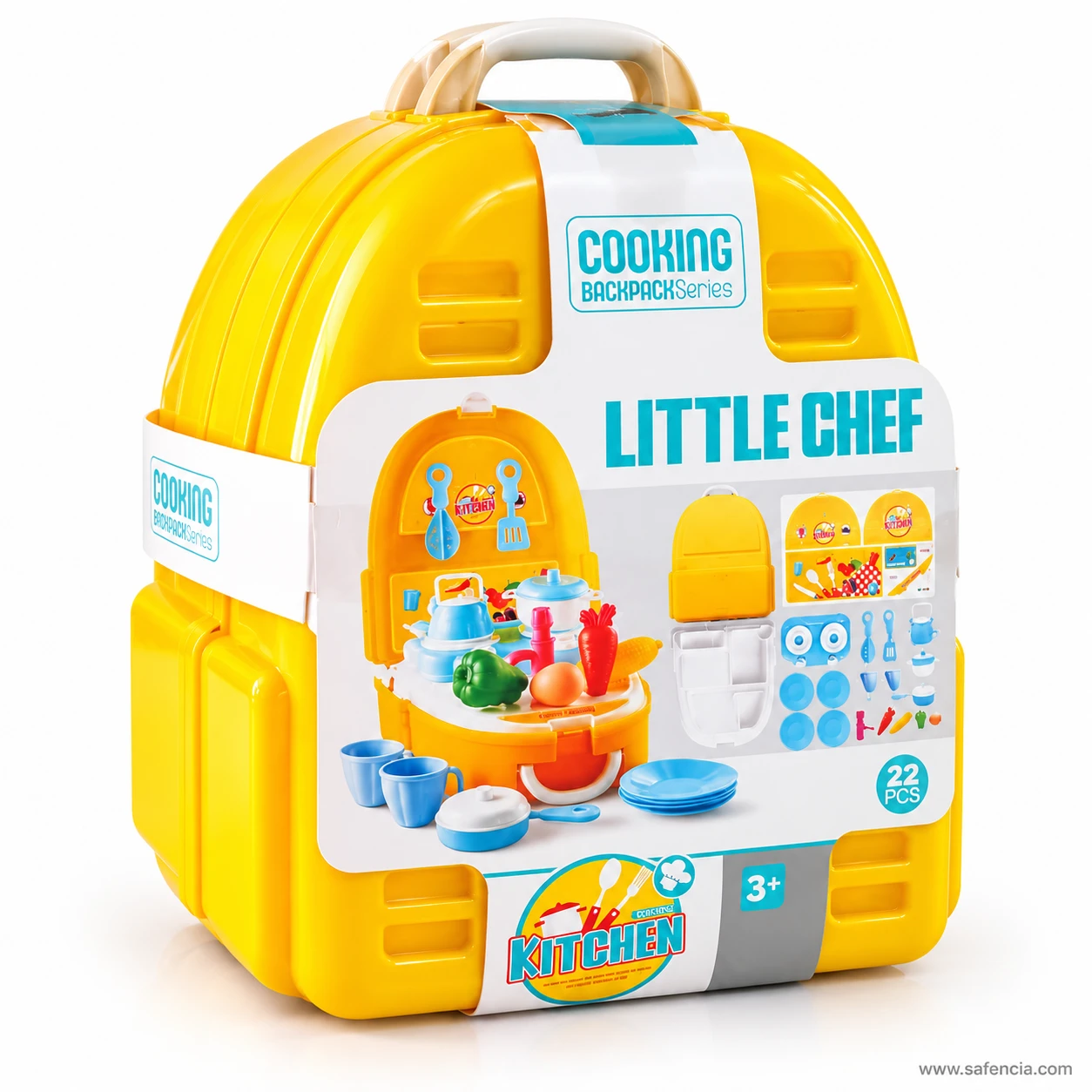 Closed yellow Little Chef cooking backpack case at an angle, showing its rounded shape and handle on top