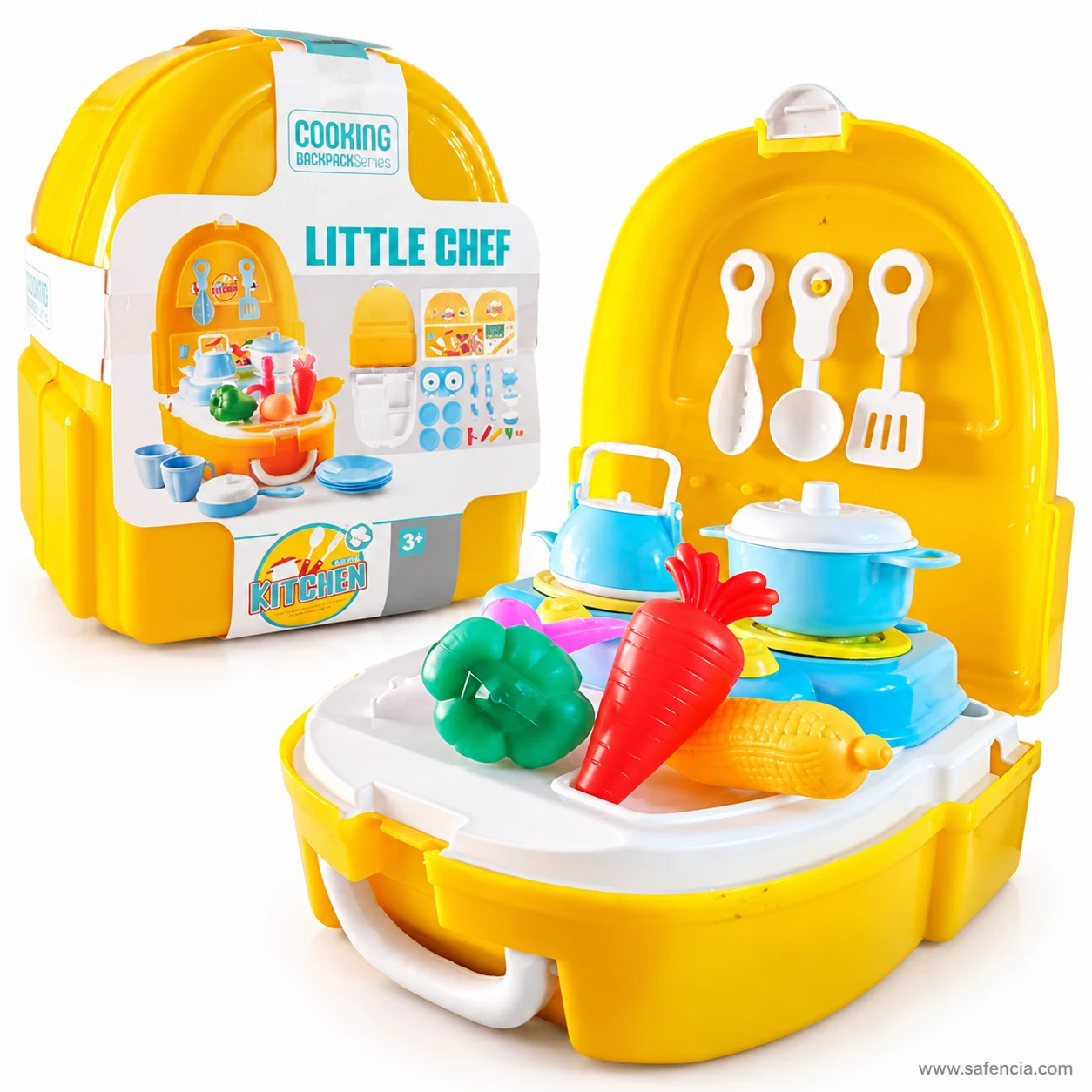 Little Chef backpack case standing closed at the back with an opened kitchen in front showing the stove and kettle