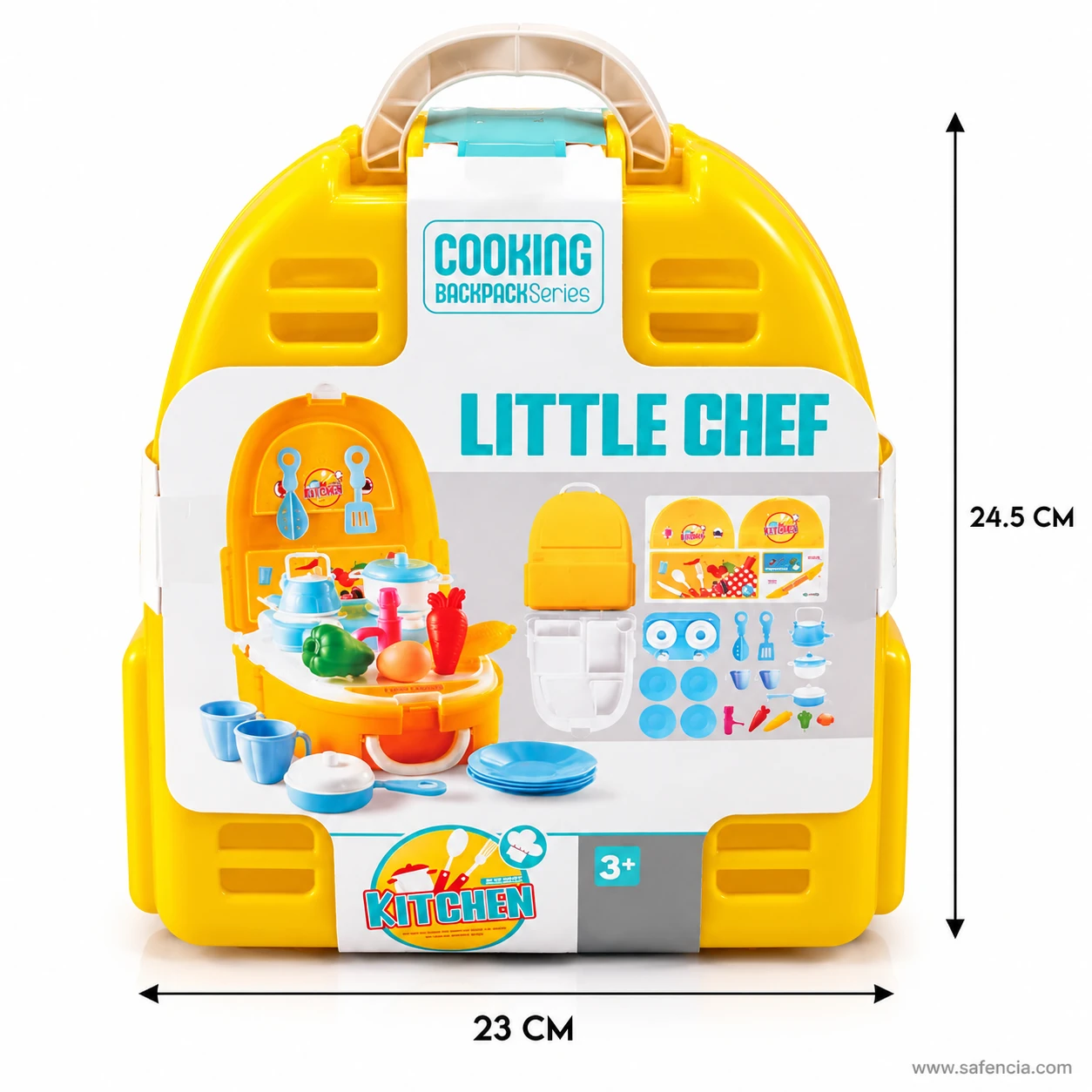 Closed Little Chef cooking backpack case with measurement lines showing about 23 cm wide and 24.5 cm tall