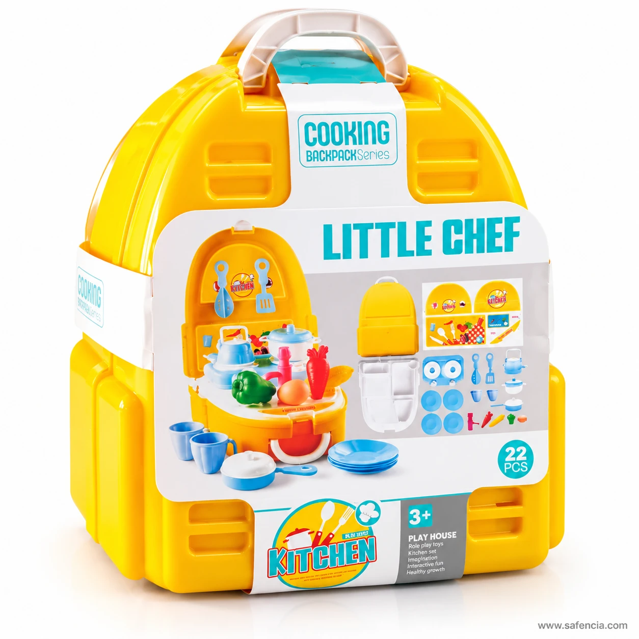 Closed Little Chef cooking backpack with its label showing the open kitchen, the 22 PCS count and the 3+ age mark