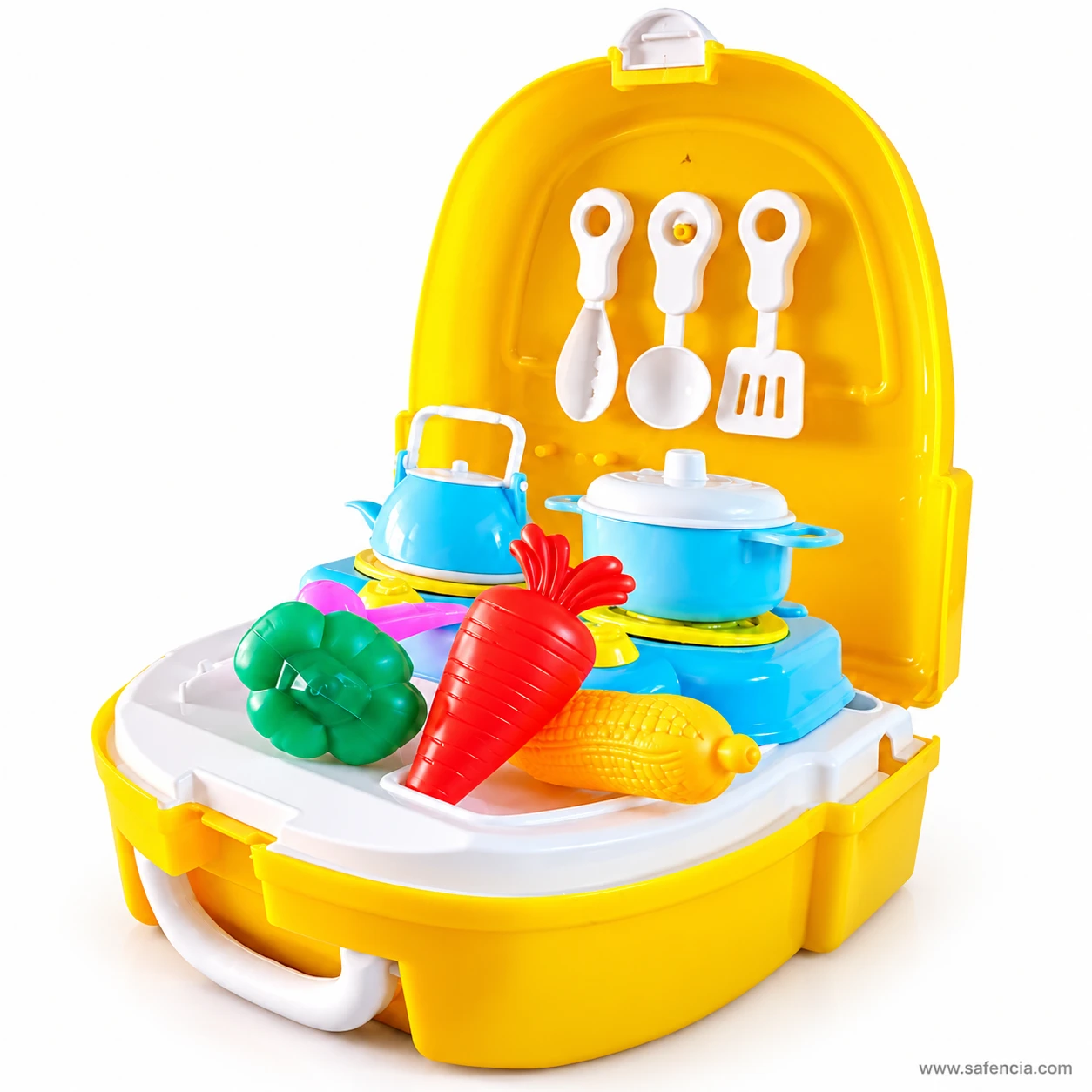 Front view of the opened Little Chef kitchen with the turner, ladle and spatula hanging inside the yellow lid
