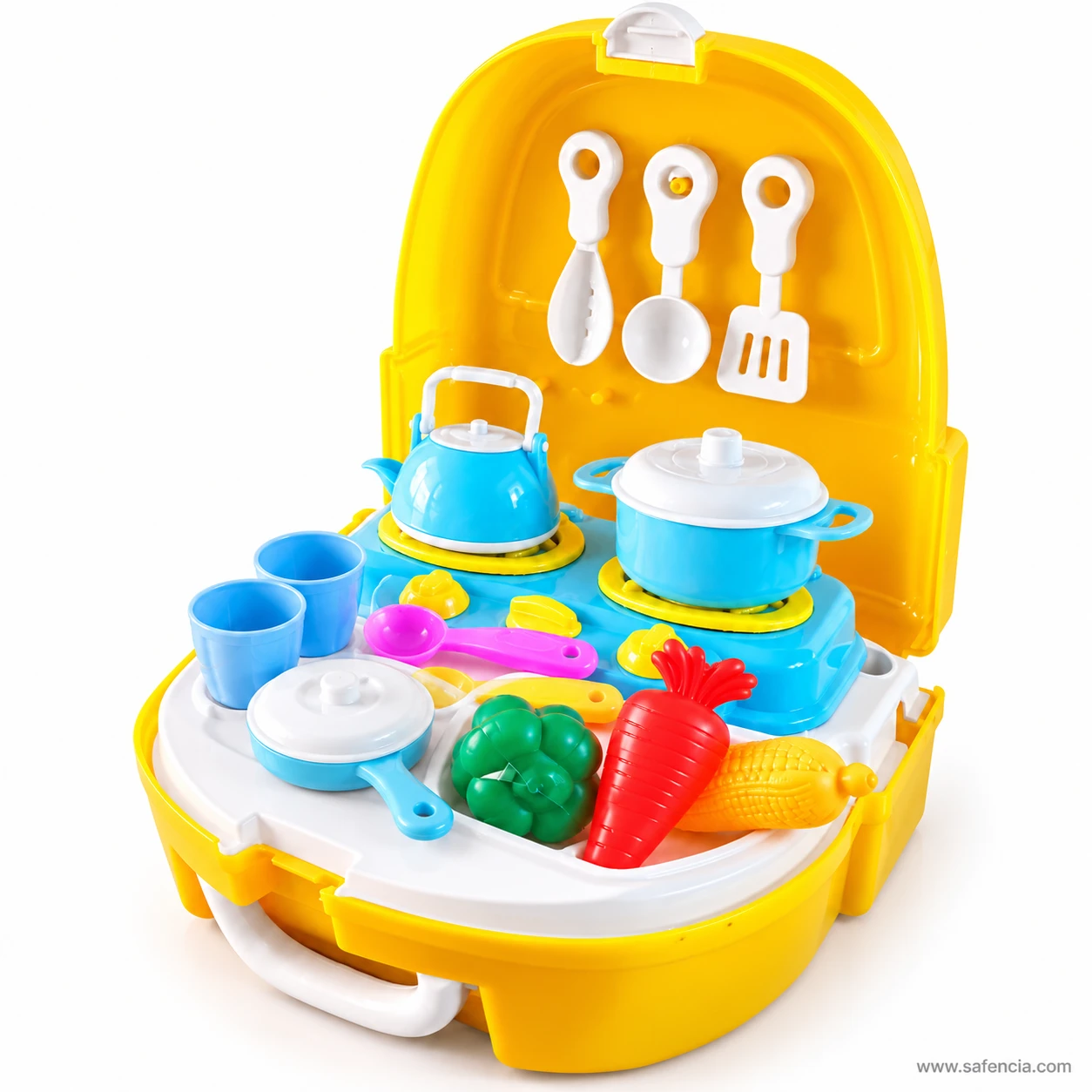 Open Little Chef kitchen with blue cups, a frying pan and a pink spoon beside the stove, kettle and cooking pot