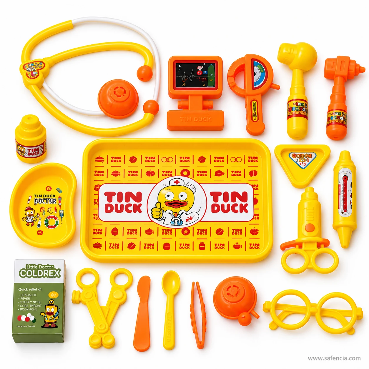 Kids doctor set pieces laid out around the Tin Duck tray: stethoscope, x-ray screen, hammer, syringe, thermometer, scissors and glasses