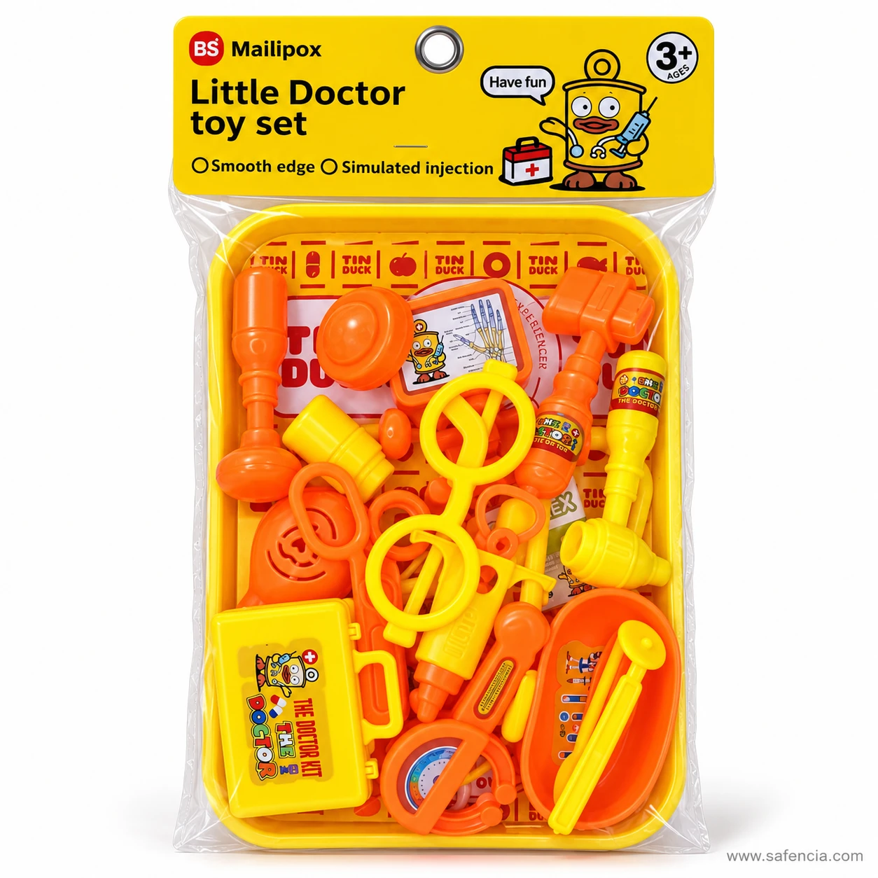 Mailipox Little Doctor toy set pack marked 3+, printed Smooth edge and Simulated injection, with tools on a yellow tray inside